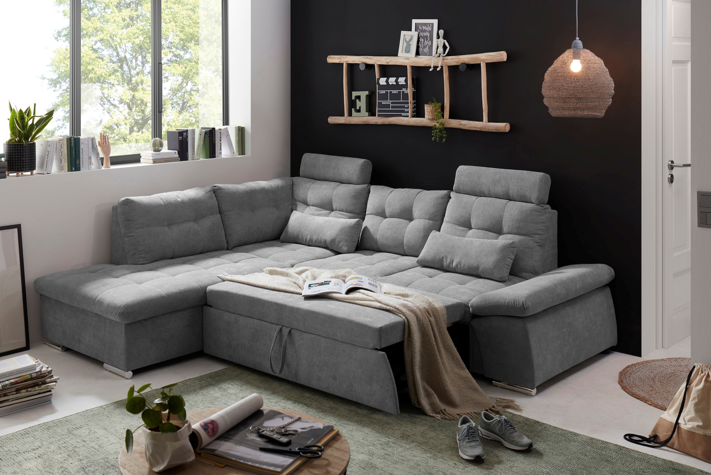ED EXCITING DESIGN Ecksofa »Nalo L-Form«, mit Bettfunktion, Armteilverstellung, Kopfstützen & 2 Nierenkissen