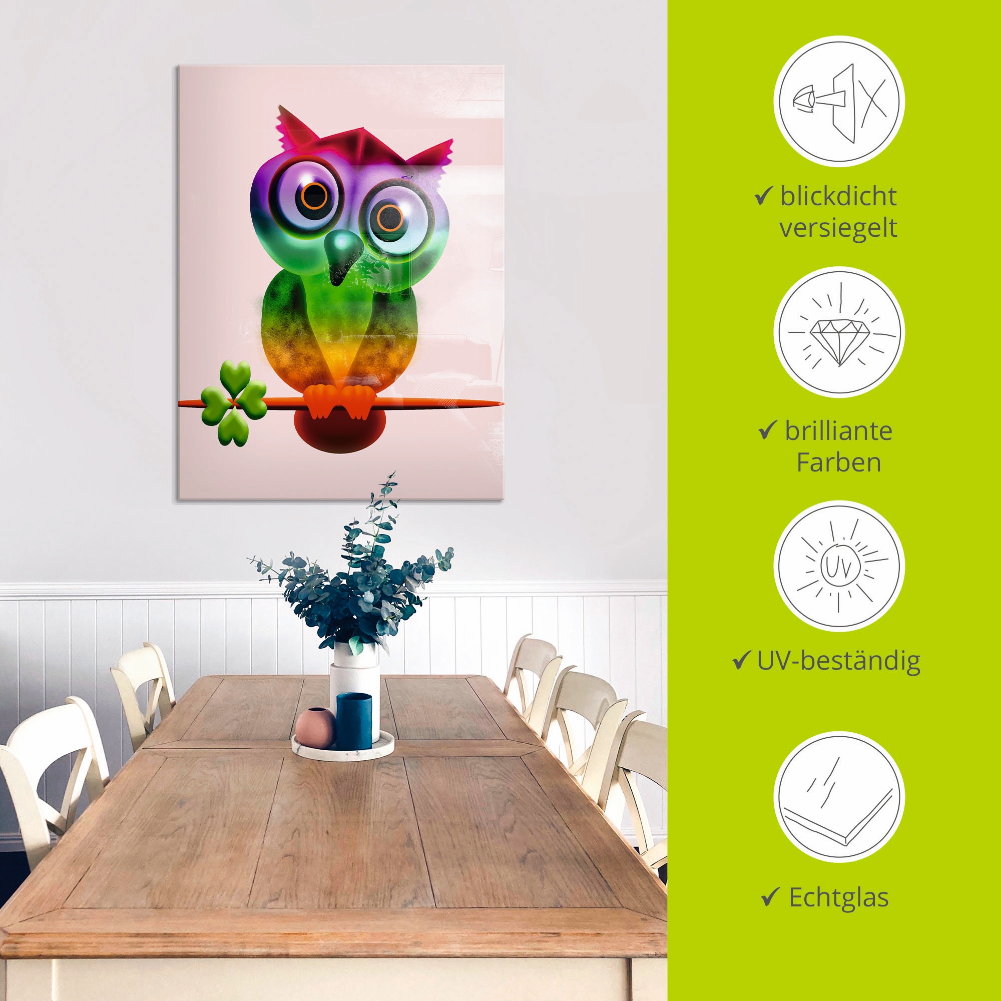 Artland Glasbild »Bunte Eule«, Vögel, (1 St.), in verschiedenen Größen