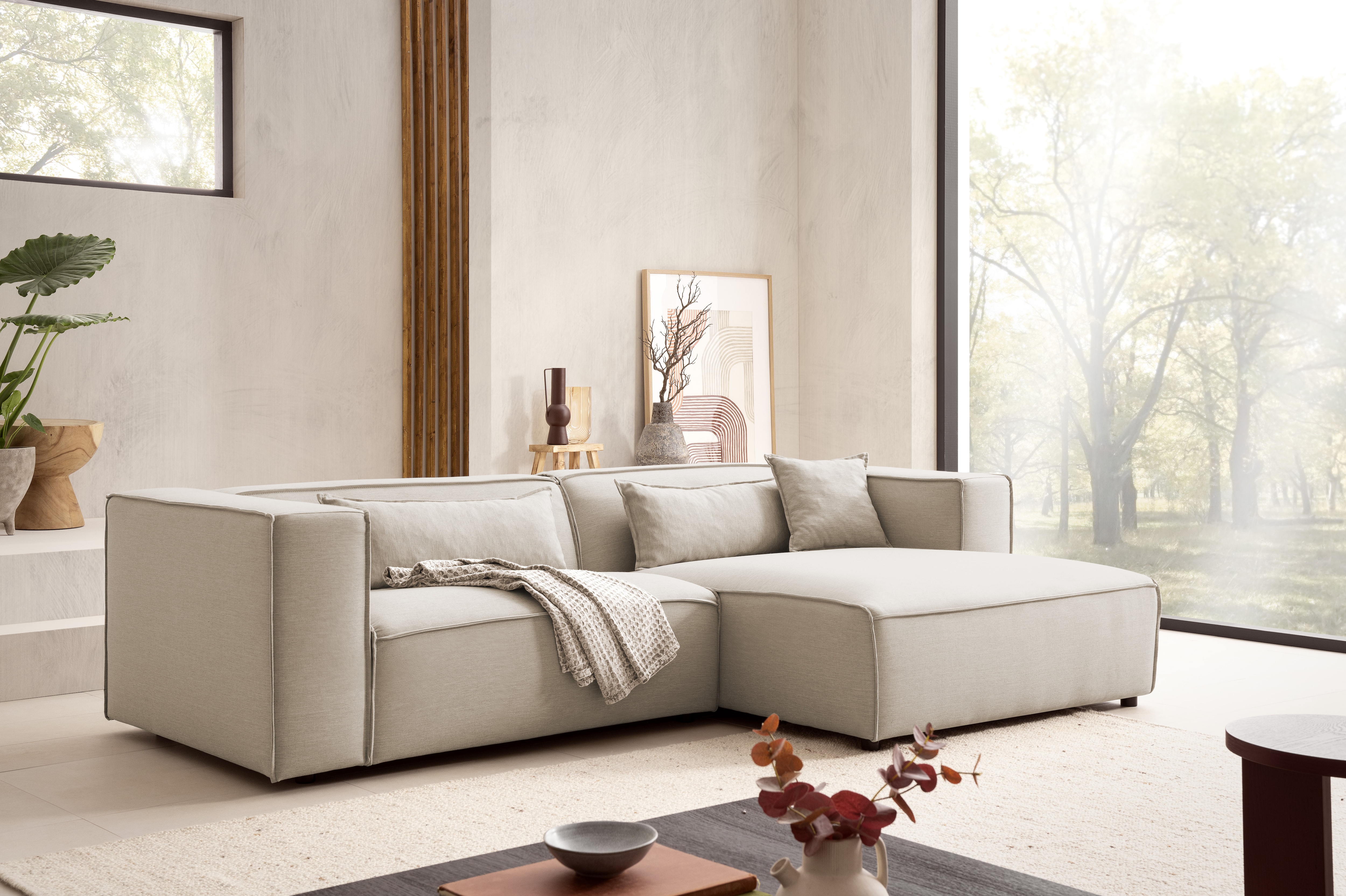 LeGer Home by Lena Gercke Ecksofa "PIARA Struktur u. Leinenoptik mit Kedernaht L-Form" wahlweise Ottomane rechts/links, schwarze Füße, bequemer Sitzkomfort