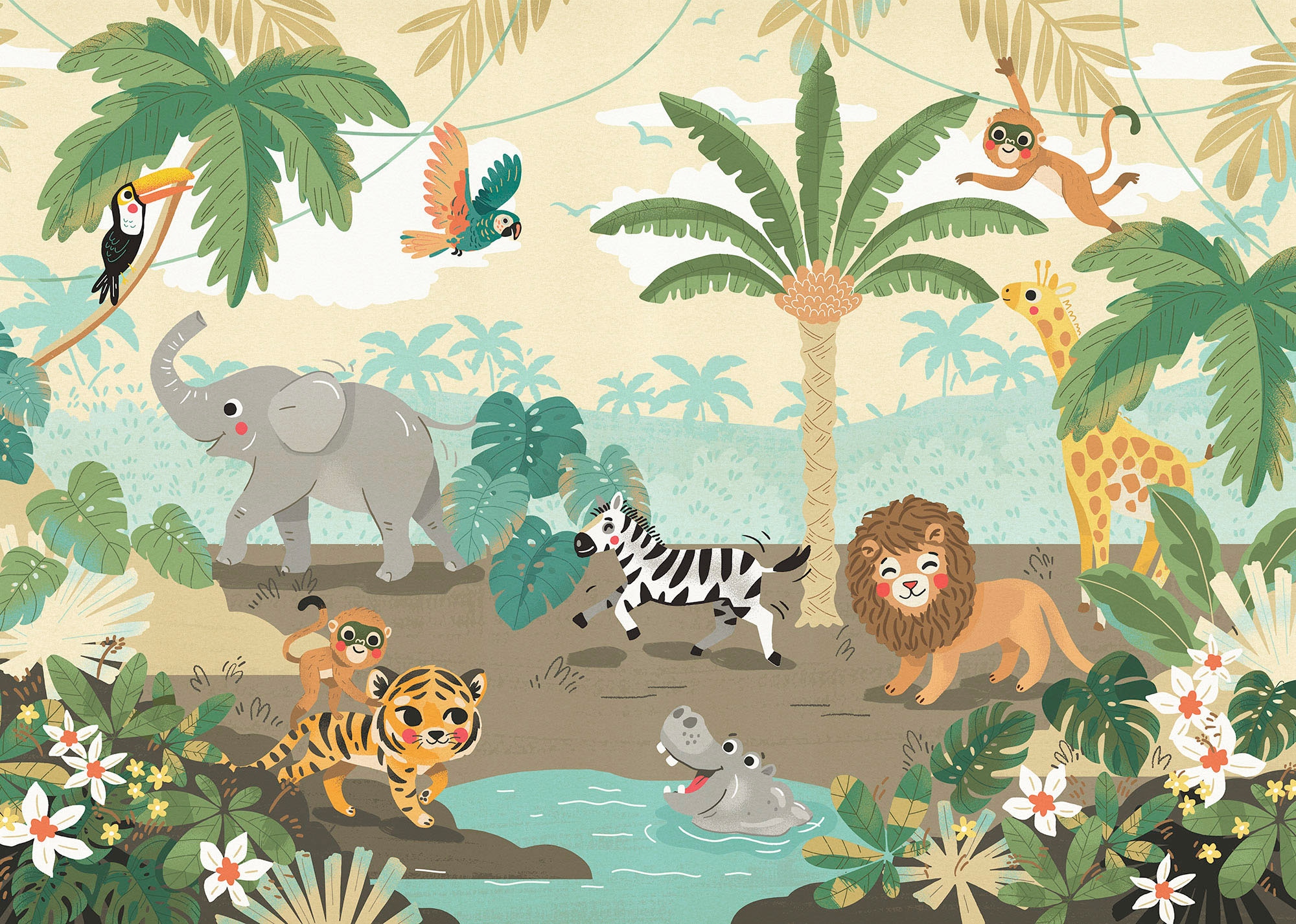 Komar Fototapete »Digitaldruck Vlies - Baby Safari - Größe 350 x 250 cm«, bedruckt, Wohnzimmer, Schlafzimmer