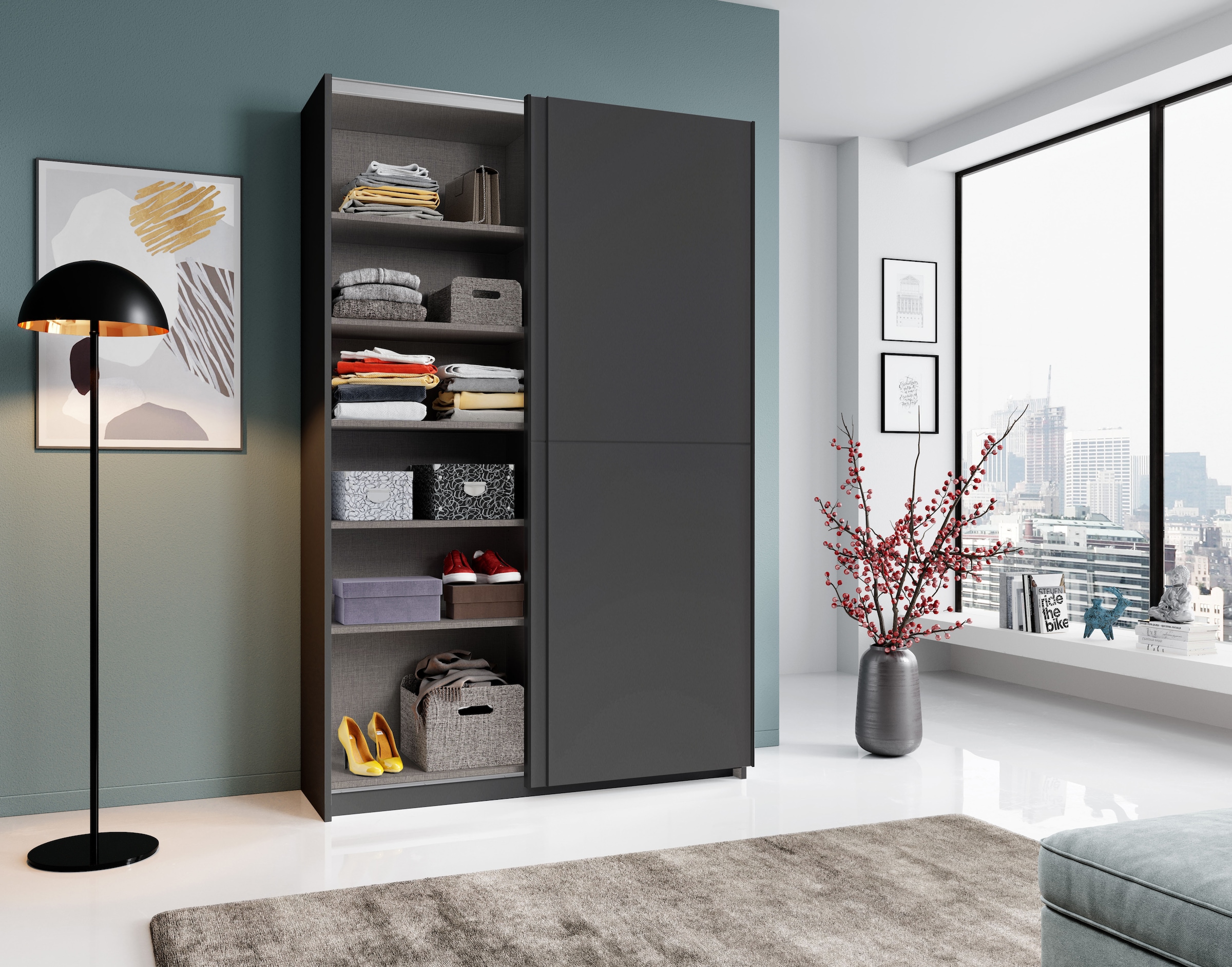 Schlafkontor Schwebetürenschrank »Heimo/Fast Schrank Kleiderschrank Garderobe«, geringe Tiefe, ausziehbarer Kleiderstange, Garderobenschrank, 6 Böden