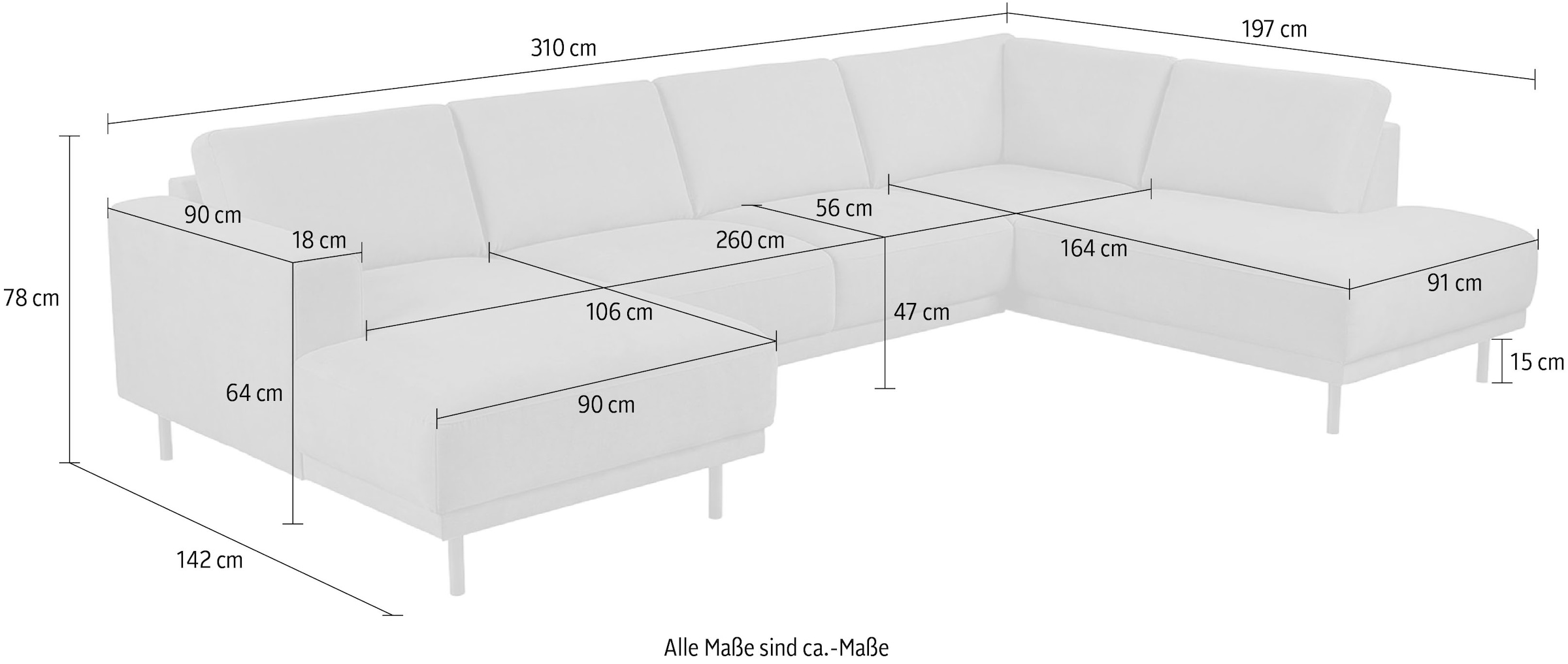 OTTO home Wohnlandschaft »Sveeva, U-Form, XXL, B.310 cm, schwarze Metallfüße« langlebiger Strukturstoff, mit Wellenunterfederung, viele Farben