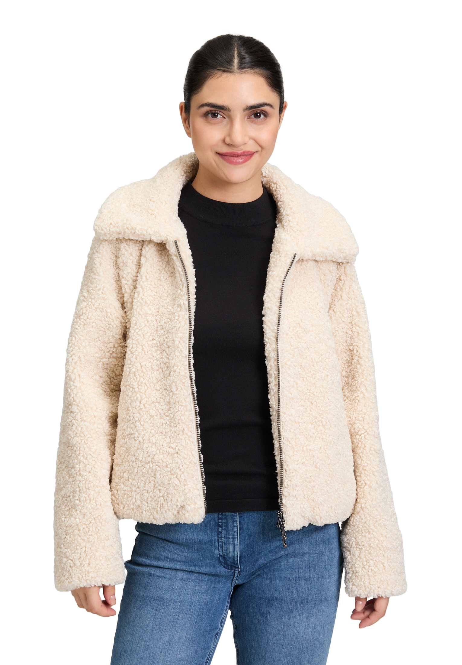 Amber & June Plüschjacke »Amber & June Damen Plüschjacke mit abnehmbarem Westenteil«, mit Kapuze