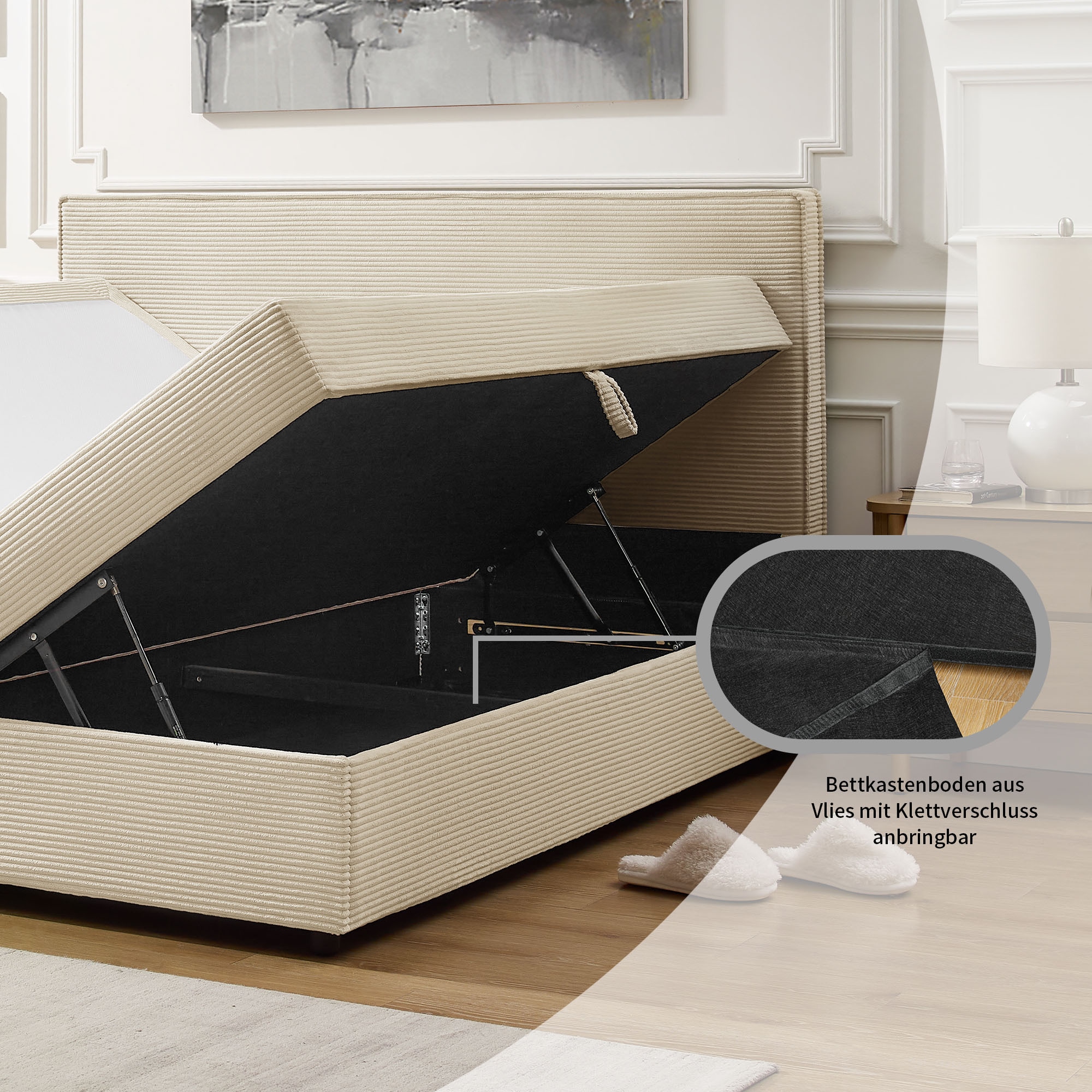 OTTO home Boxbett »Eliaas inkl. Bettkasten und Topper, Liegefläche 180x200cm« erhältlich in hochwertigem Cord-Stoff und der Größe 180x200cm