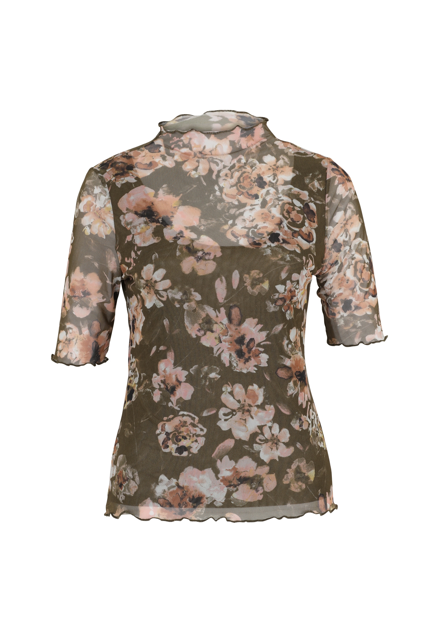 Zero Kurzarmshirt »zero Mesh-Blumen-Shirt mit hohem Kragen«, (1 tlg.), Rüschen