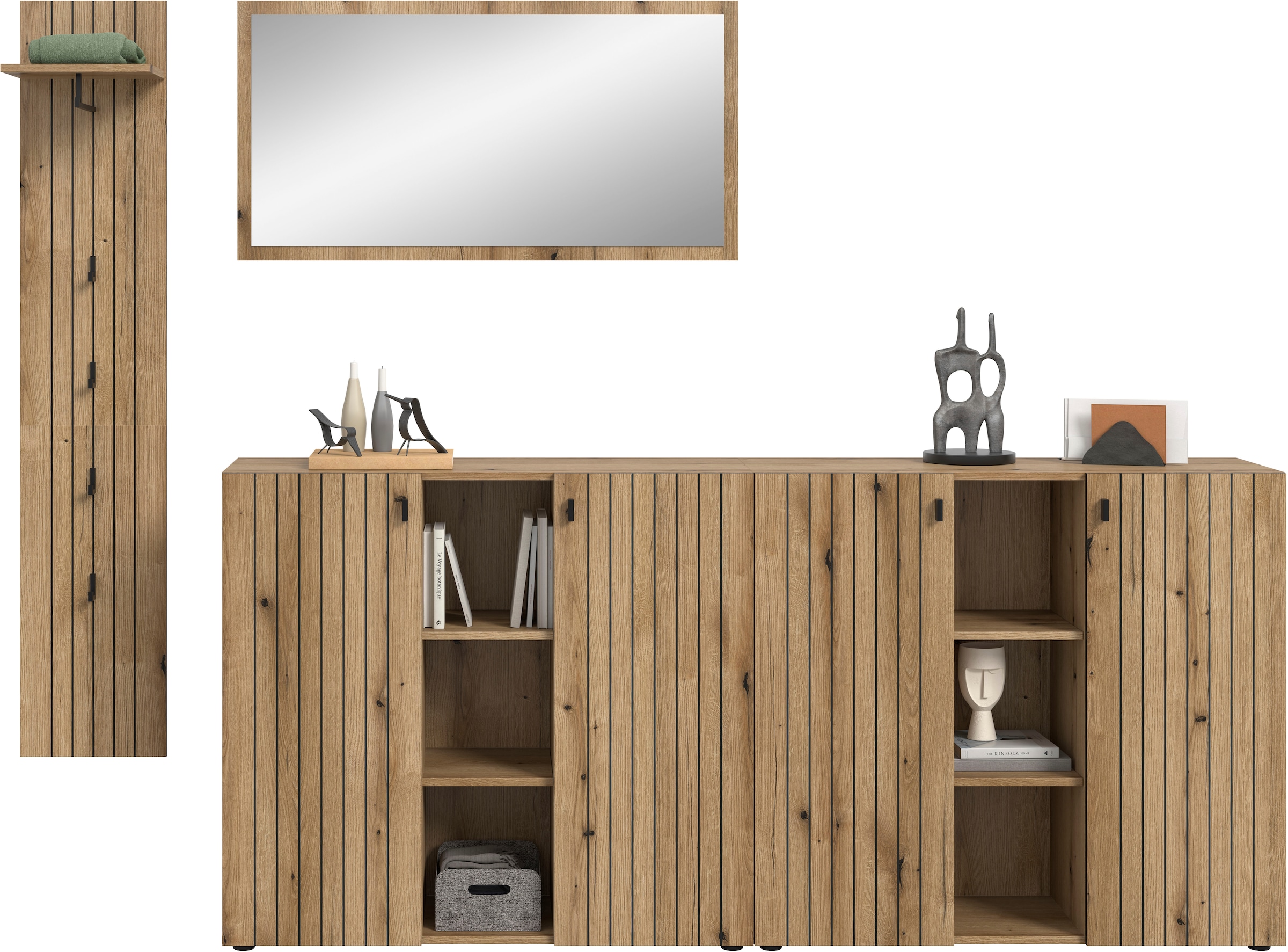 INOSIGN Garderoben-Set »TATIO, 4-tlg. Garderobenkombination, Breite: 258 cm, Rillenfräsung« Set, Set, best. aus: 1 Spiegel, 1 Garderobenpaneel, 2 Schuhkommoden, 4 Stk. tlg.