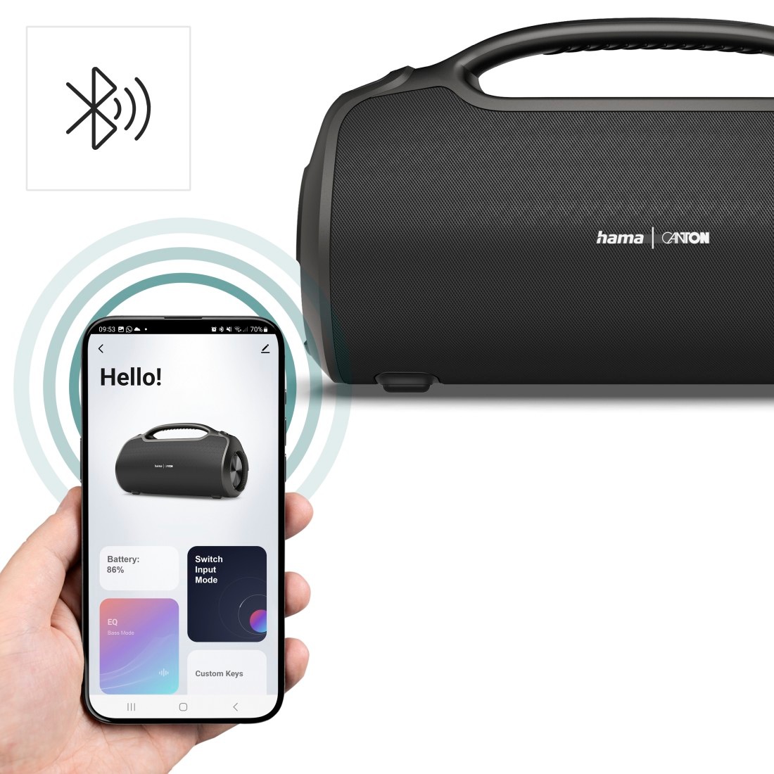 HAMA Bluetooth-Lautsprecher "Bluetooth-Lautsprecher groß 120W (Musikbox wasserfest IPX6, PowerPack)", schwarz, B:46,5cm H:25,4cm T:19,2cm, Lautsprecher, Outdoor, tragbar, App-Steuerung, 24h Akku, kabellos, Ladefunktion 3