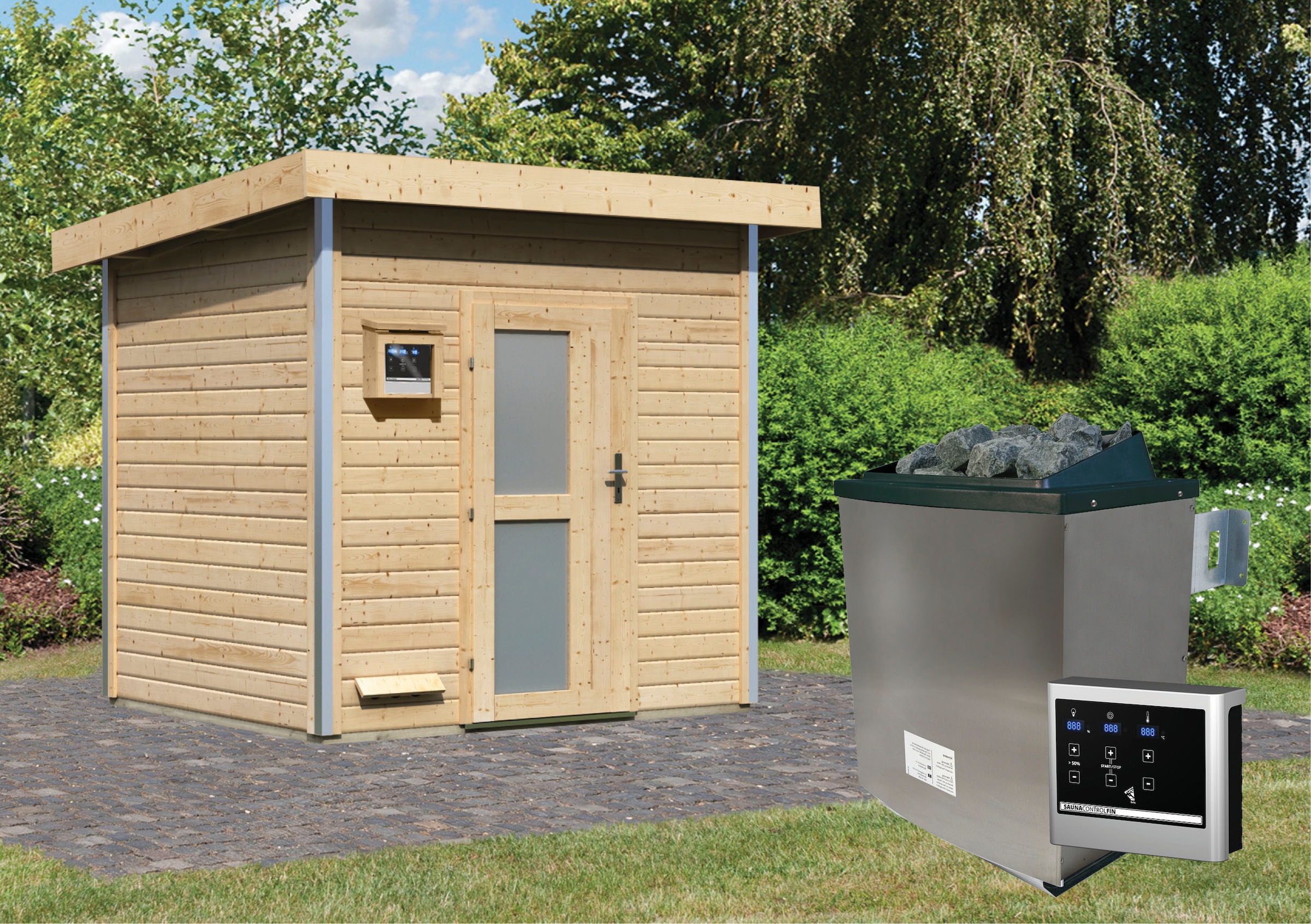 Karibu Saunahaus »Ralf«, Milchglastür, Ofen 9 KW externe Strg easy