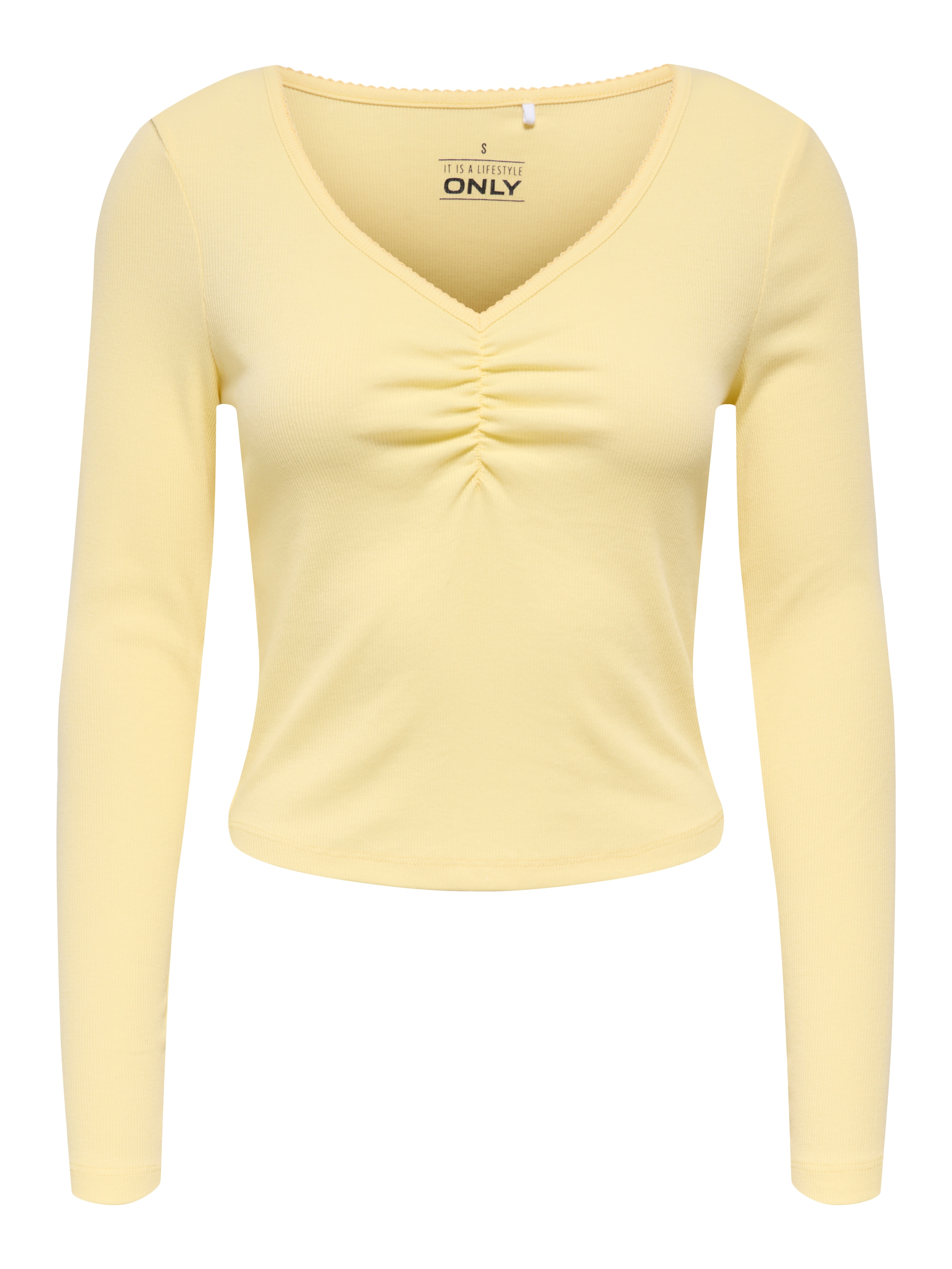ONLY Langarmshirt »ONLBETTY LIFE L/S SCALLOP V-NECK CC JRS« mit Raffung am Ausschnitt
