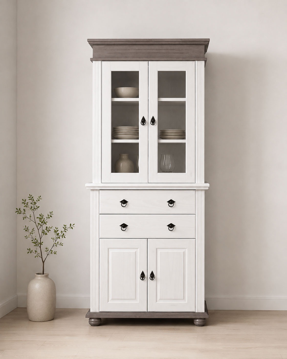 Inter Link Vitrine "Halmaro, Kiefer Massivholz, Weiss/Grau-Lava, 101 x 46,30 x 220 cm" 1 Stk. tlg. Buffet im Laudhausstil, Küchenschrank mit Glastüren, viel Stauraum
