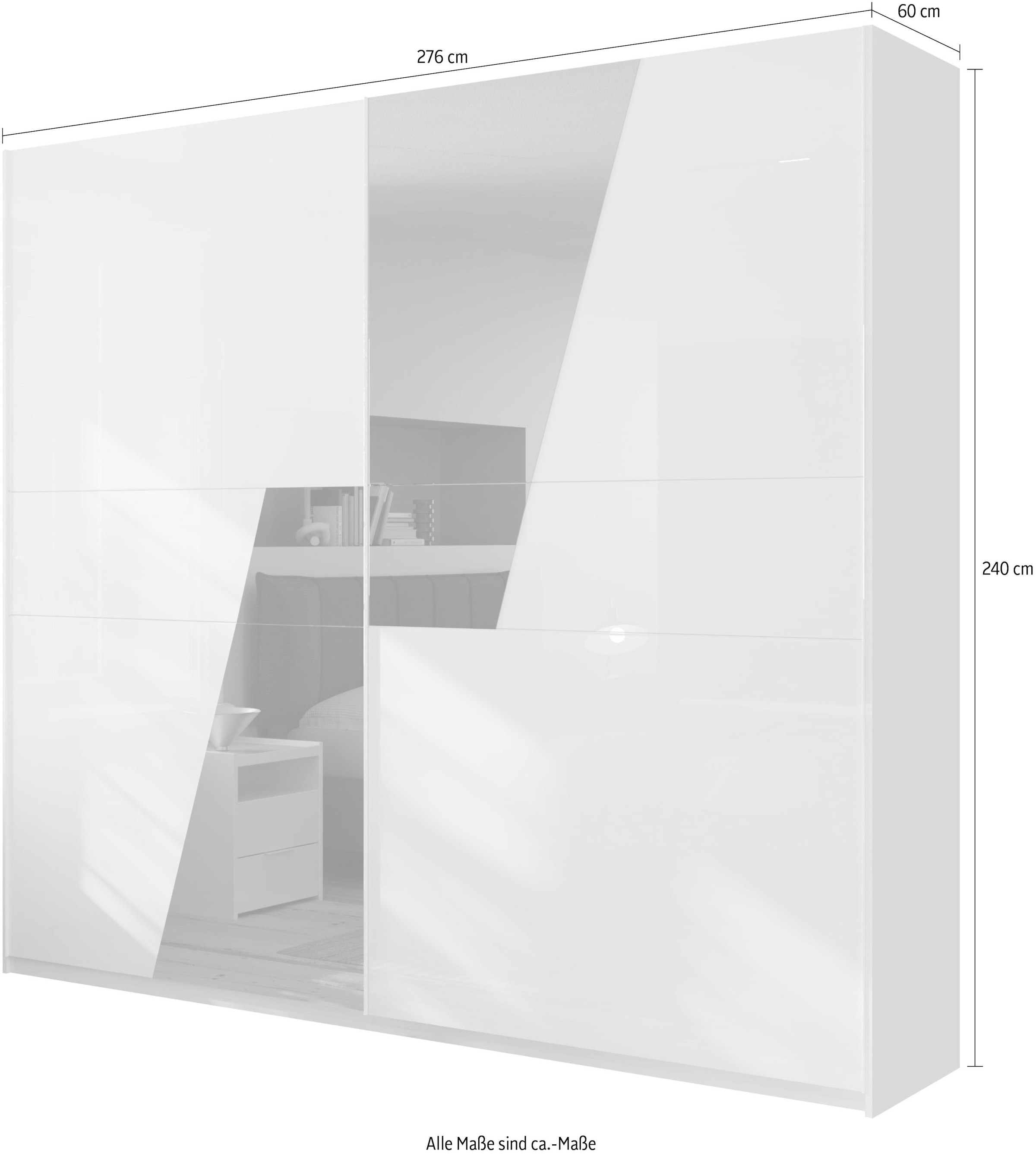 INOSIGN Schwebetürenschrank »Malmo, Kleiderschrank mit 2 Schiebetüren, Breite 276 cm, Höhe 240 cm,«, Weiß Hochglanz Lack, Front mit Spiegelfläche, Griffleisten aus Metall