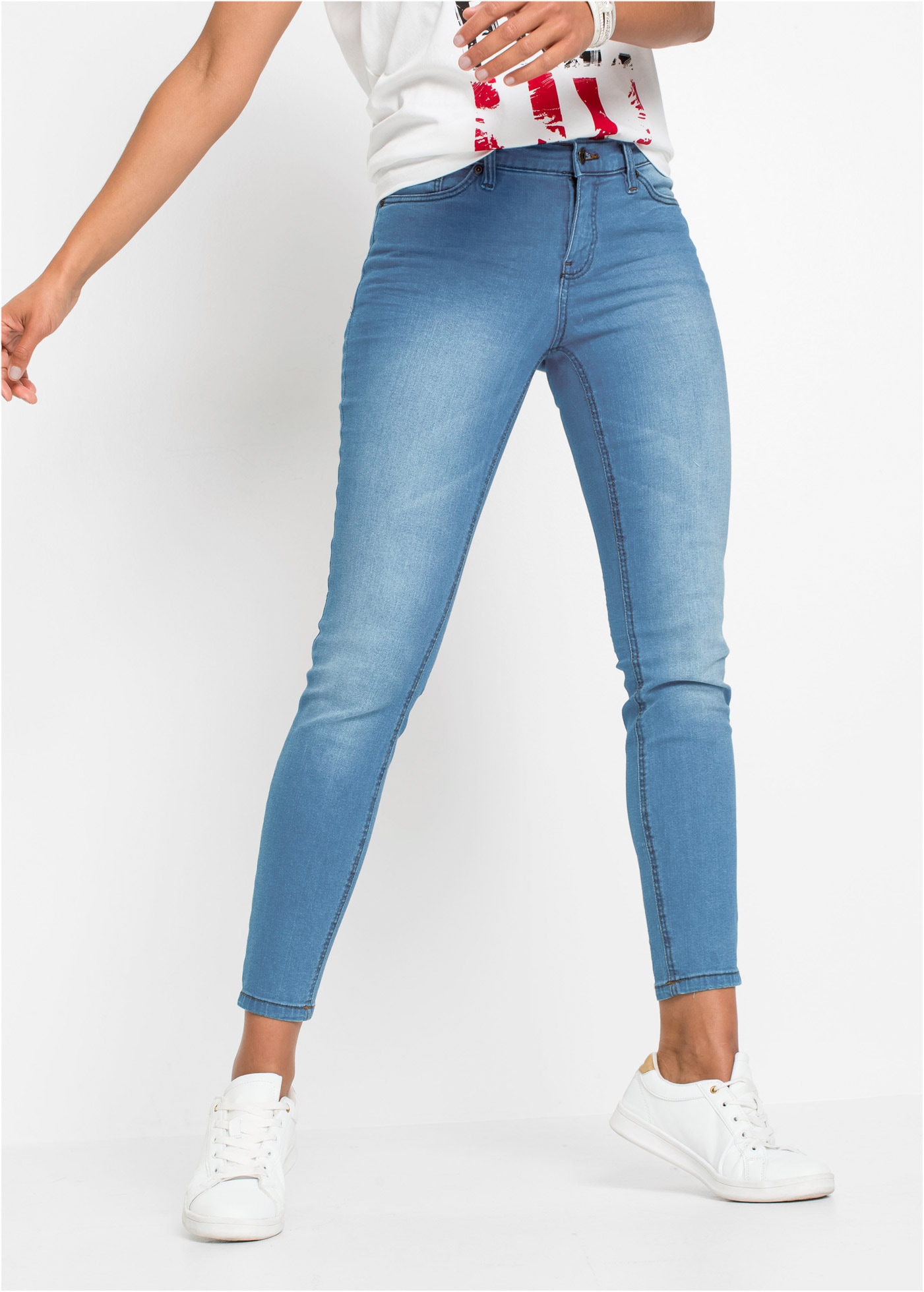 Skinny-fit-Jeans BONPRIX, Damen, Gr. 40, N-Gr, hellblau denim, Denim/Jeans, Obermaterial: 76% Baumwolle, 16% Polyester, 7% Viskose, 1% Elasthan, skinny fit, Jeans, Skinny-fit-Passform, verkürztes 7/8-Bein, mit Five-Pocket-Style