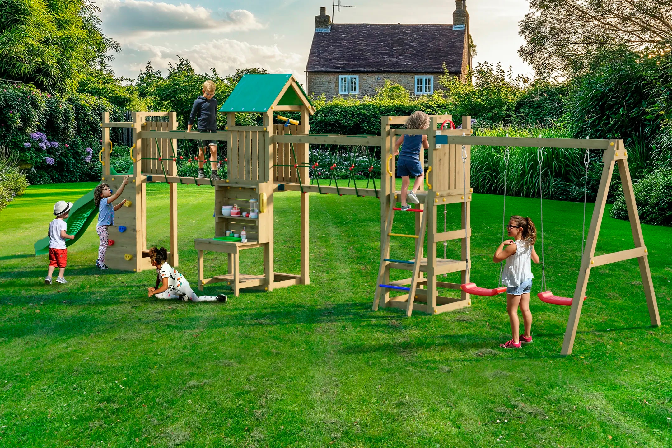 FUNGOO Spielturm »Maxi Funny Space Longer, mit Rutsche, Doppelschaukel, Kletterwand«, Picknicktisch; Made in Europe