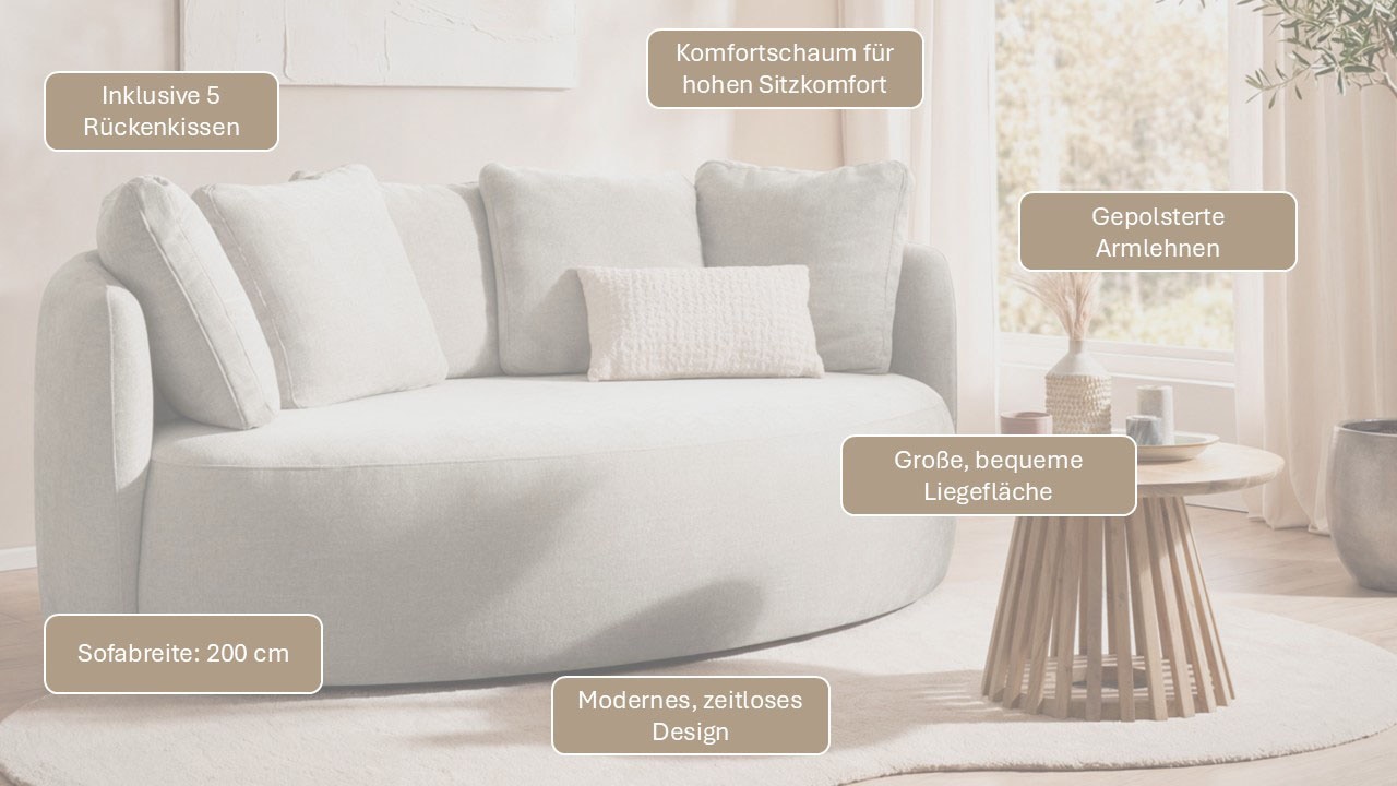 OTTO home 2,5-Sitzer »Kaarl, rundes Loungesofa, Sofa mit Kissen, perfekt gepolstert« Webstoff, in fünf Farben, zeitloses Design, inkl. 5 Rückenkissen