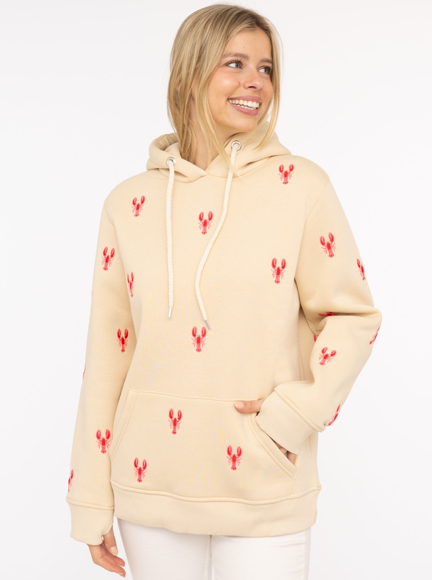 Zwillingsherz Kapuzensweatshirt, Hummer-Stickerei, Kapuze, Kordelzug, Baumw günstig online kaufen
