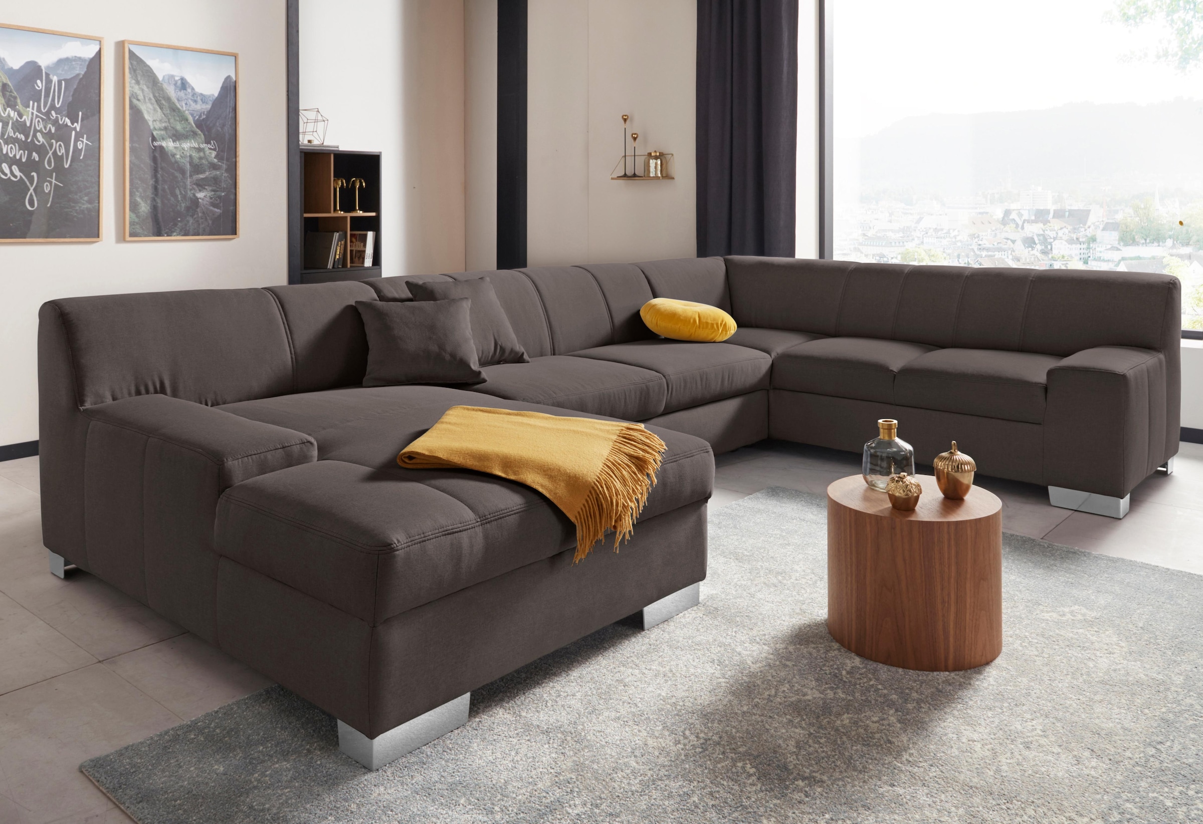 DOMO collection Wohnlandschaft "Bero, elegant und zeitlos, flache Armlehnen, Breite 328cm, U-Form" fester Sitzkomfort, wahlweise mit Bettfunktion