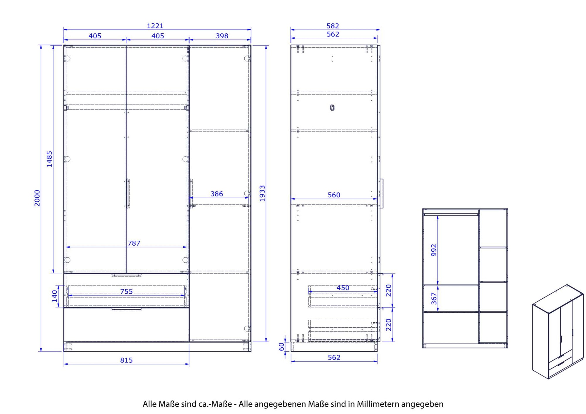 Composad Garderobenschrank »Espresso,Kleiderschrank, Raumsparschrank, Multifunktionsschrank«, (1 St.), mit 3 Türen und 2 breiten Schubladen