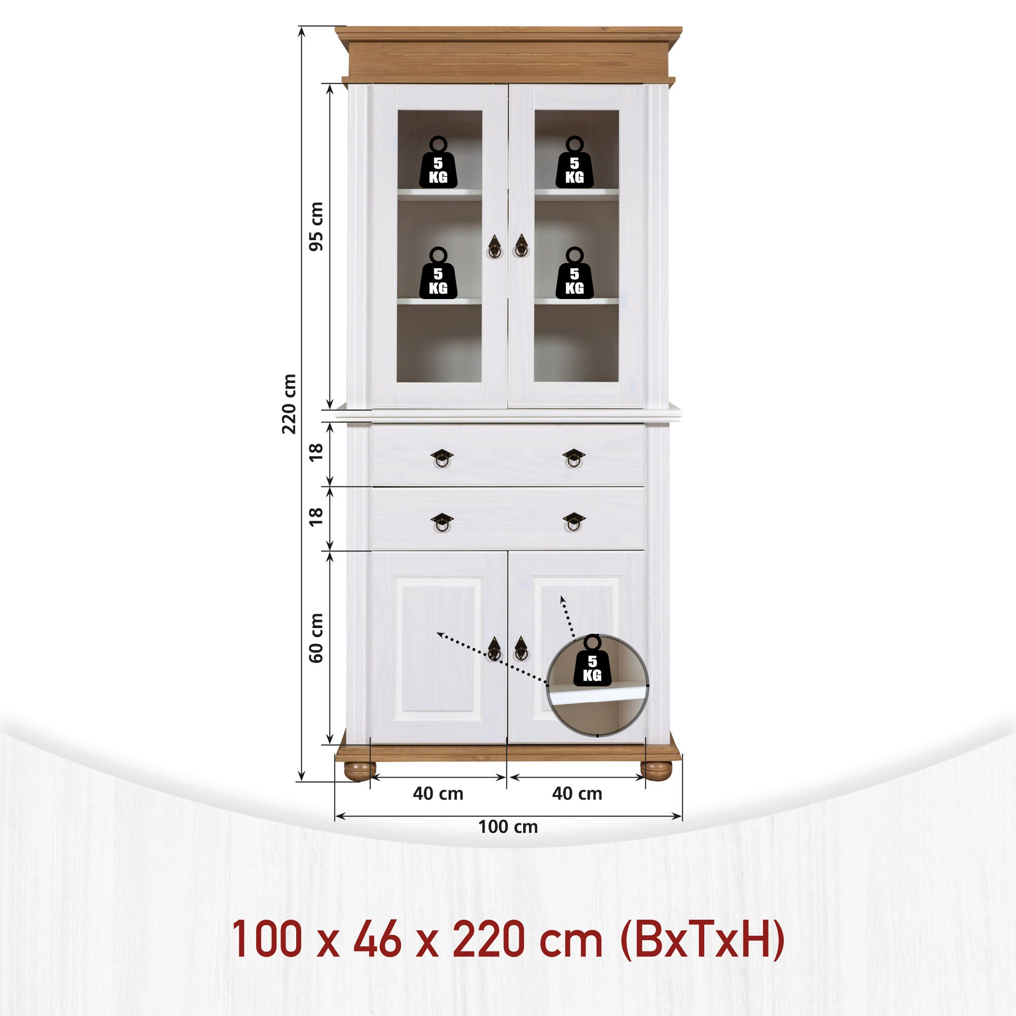 Inter Link Vitrine »Halmaro, Kiefer Massivholz, Weiss/Grau-Lava, 101 x 46,30 x 220 cm« 1 Stk. tlg. Buffet im Laudhausstil, Küchenschrank mit Glastüren, viel Stauraum