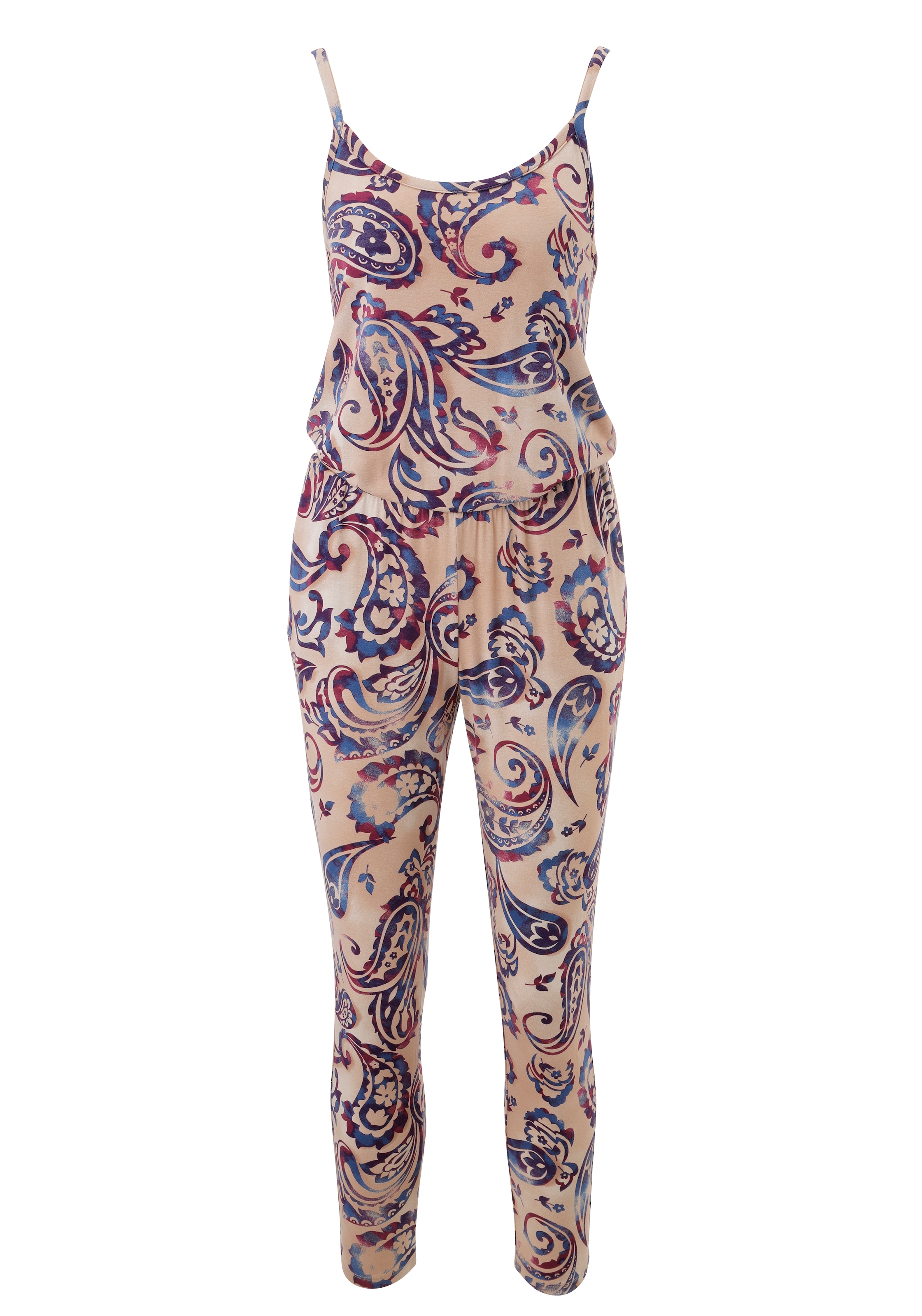 Overall ANISTON CASUAL, Damen, Gr. 44, N-Gr, beige, hellbeige, bordeaux, blau, Single Jersey, Obermaterial: 95% Viskose, 5% Elasthan, Paisley, bedruckt, figurumspielend wadenlang, Overalls Overall, mit großflächigem Paisley-Muster im Batik-Look - NEUE KOL 3