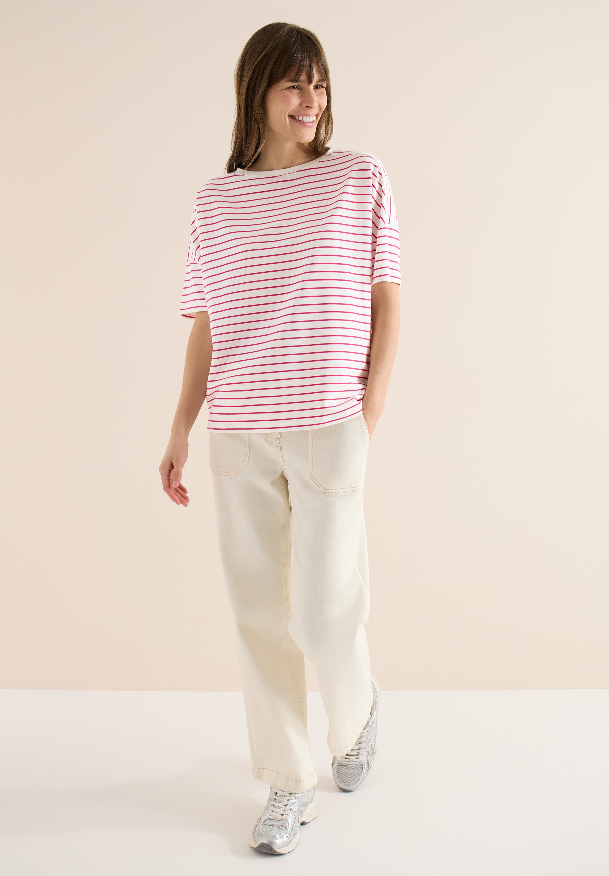 T-Shirt CECIL, Damen, Gr. XXL (46), beetroot pink, Web, 48% Baumwolle, 48% Modal, 4% Elasthan, gestreift, comfort fit normal, U-Boot-Ausschnitt, Bündchen, Shirts T-Shirt, mit U-Boot-Ausschnitt 2