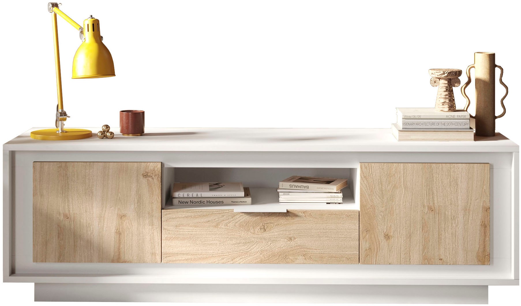 Home affaire Lowboard "Sky, B/T 180/50 cm, TV-Schrank/Medienboard, 2 Türen, 1 Schubkasten" Softclosing, Korpus & Front 22 mm stark, Rahmen-Optik, Metallgriff