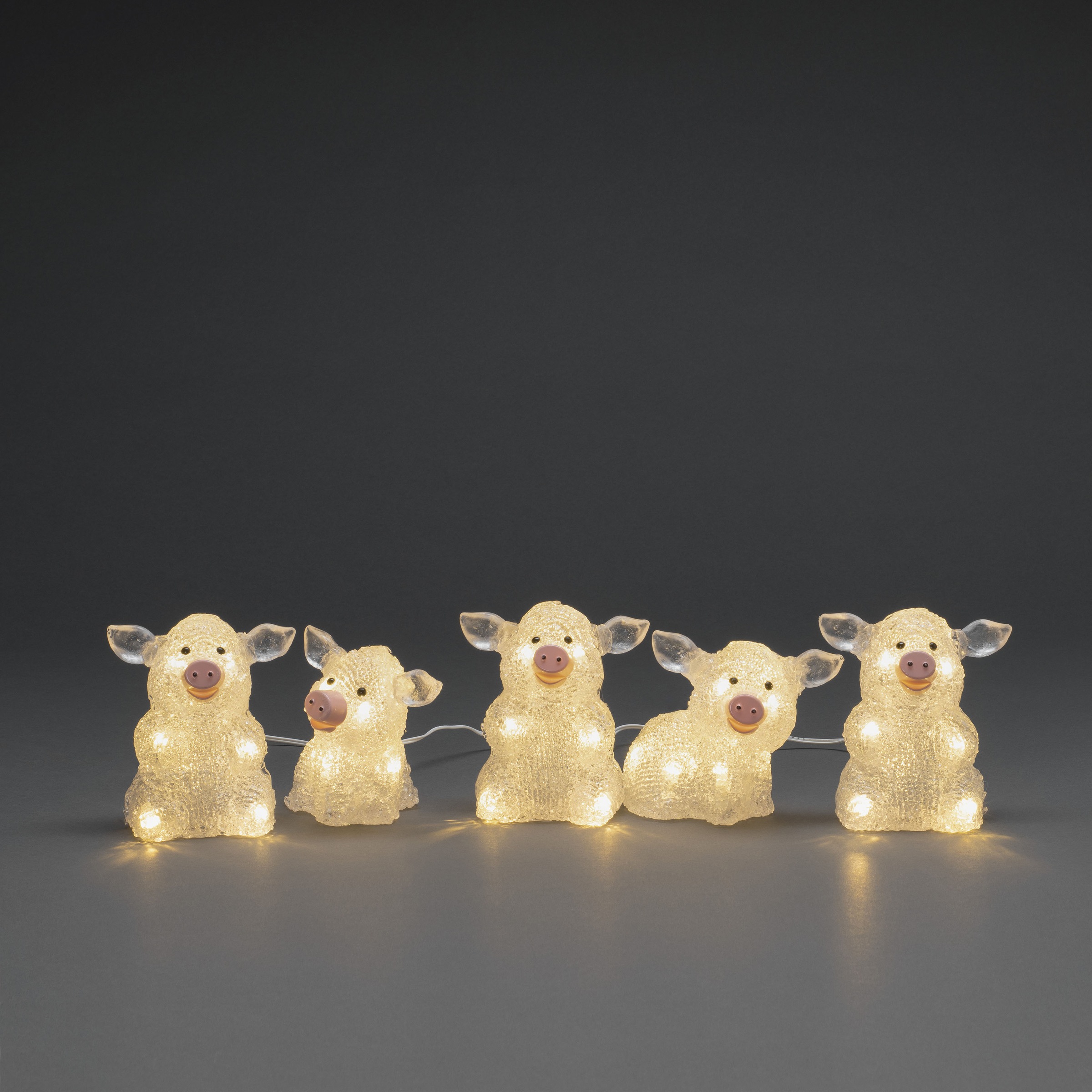 KONSTSMIDE LED-Lichterkette "Schwein", Energieeffizienz: F (A-G), transparent (klar), Dioden 40 Stk. Flammen 40 Stk., Kabellänge 5m x Gesamtlänge 9m, Lichterketten, LED Acryl Schweine 5-er Set, transparent, 40 warm weiße Dioden