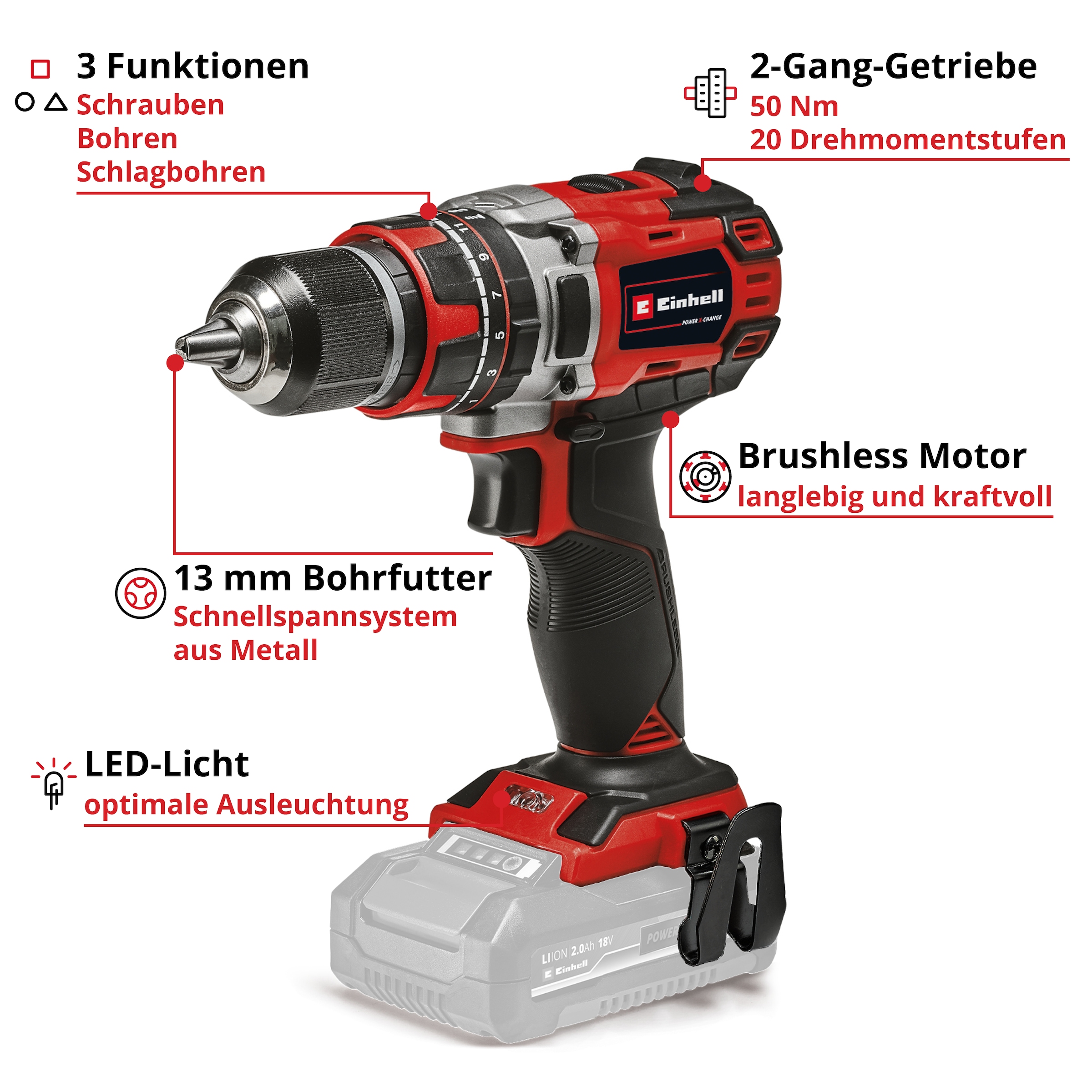 Einhell Akku-Schlagbohrschrauber »TP-CD 18/50 Li-i BL Solo«, (1 tlg.), ohne Akku und Ladegerät