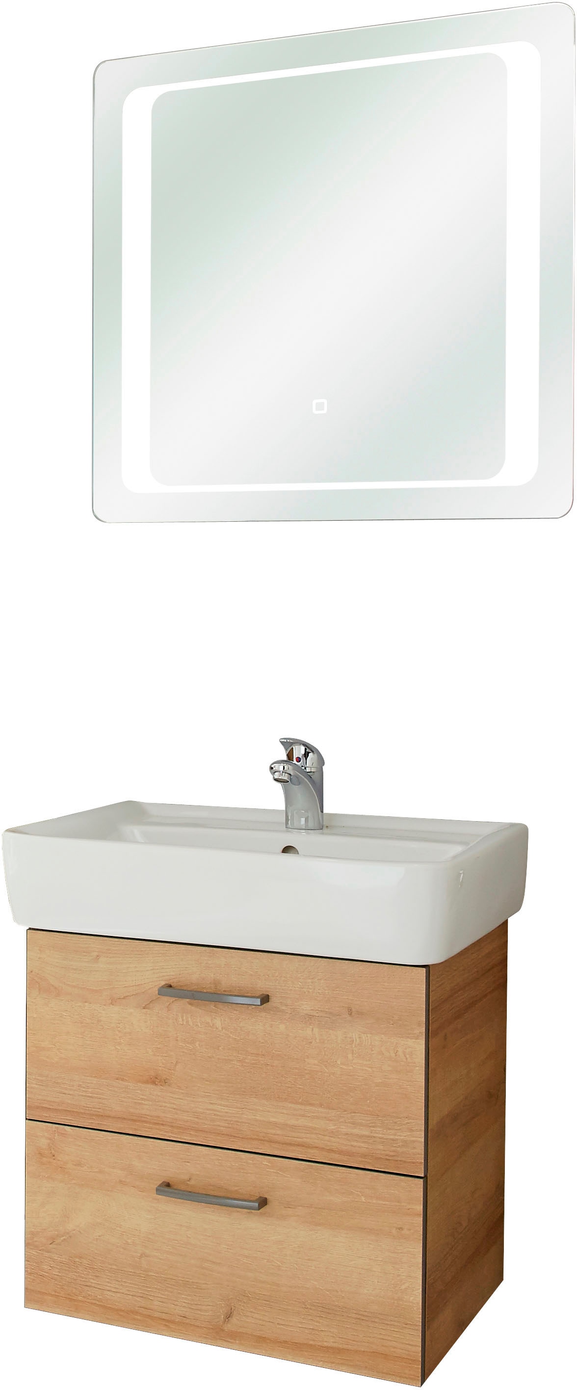 Saphir Badmöbel-Set »Quickset 919 2-teilig, Keramik-Waschtisch mit LED-Spiegel, 70 cm breit«, (2 St.), Waschplatz mit 1 Klappe, 1 Schublade, Waschtisch Set mit Waschbecken