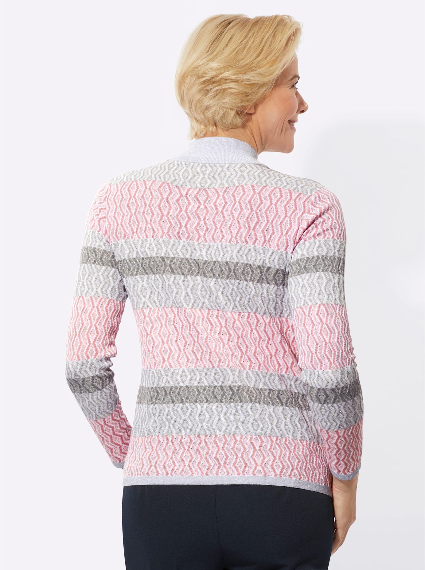 Stehkragenpullover CLASSIC "Stehkragen-Pullover", Damen, Gr. 46, rosa (hortensie, hellgrau, gemustert), 58% Baumwolle, 39% Polyester, 3% metallisierte Fasern, gemustert, mehrfarbig, Pullover Stehkragenpullover 2