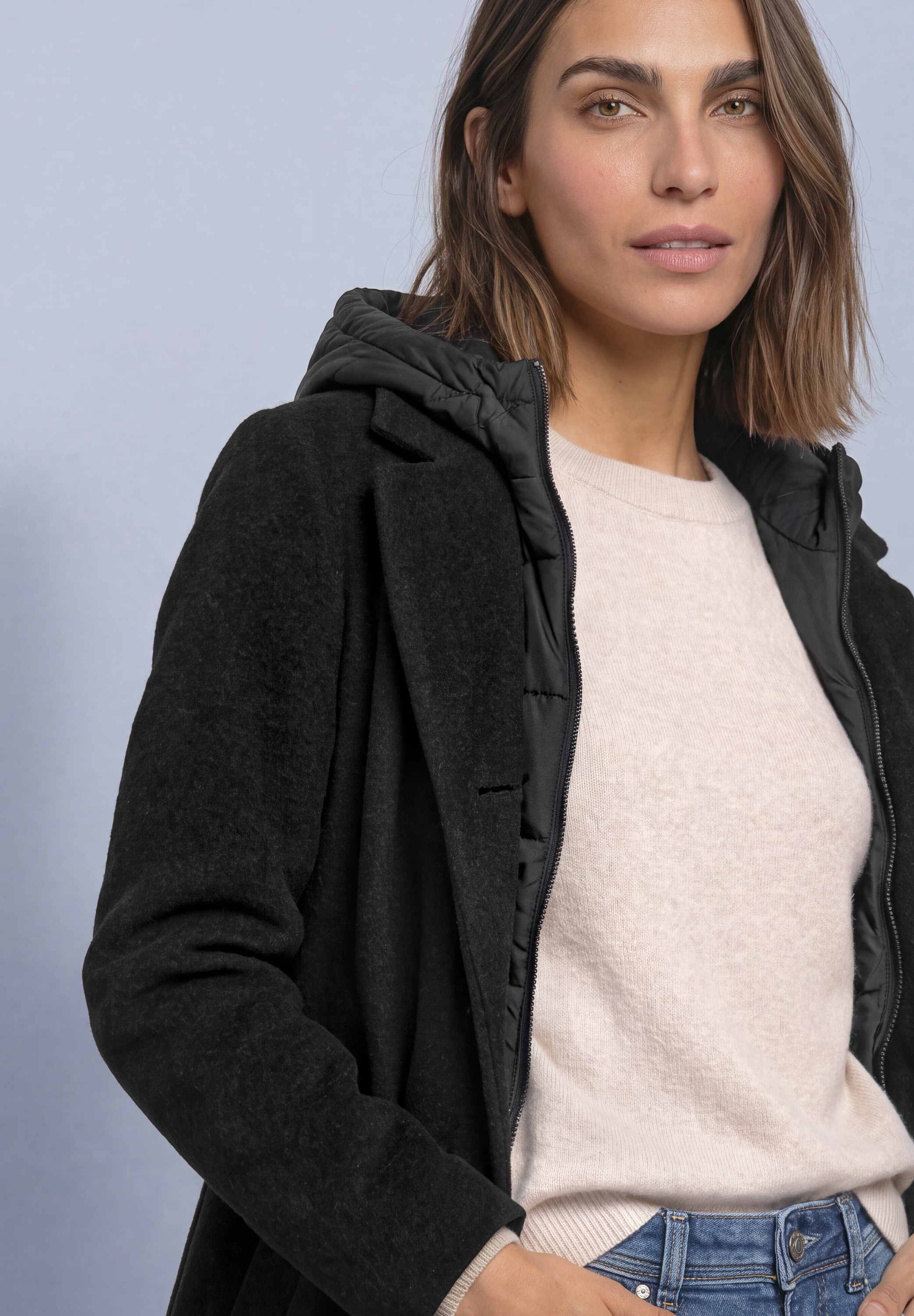 STREET ONE Wolljacke mit Kapuze Wollmantel / Reverskragen / mit Kapuze und Reißverschluss
