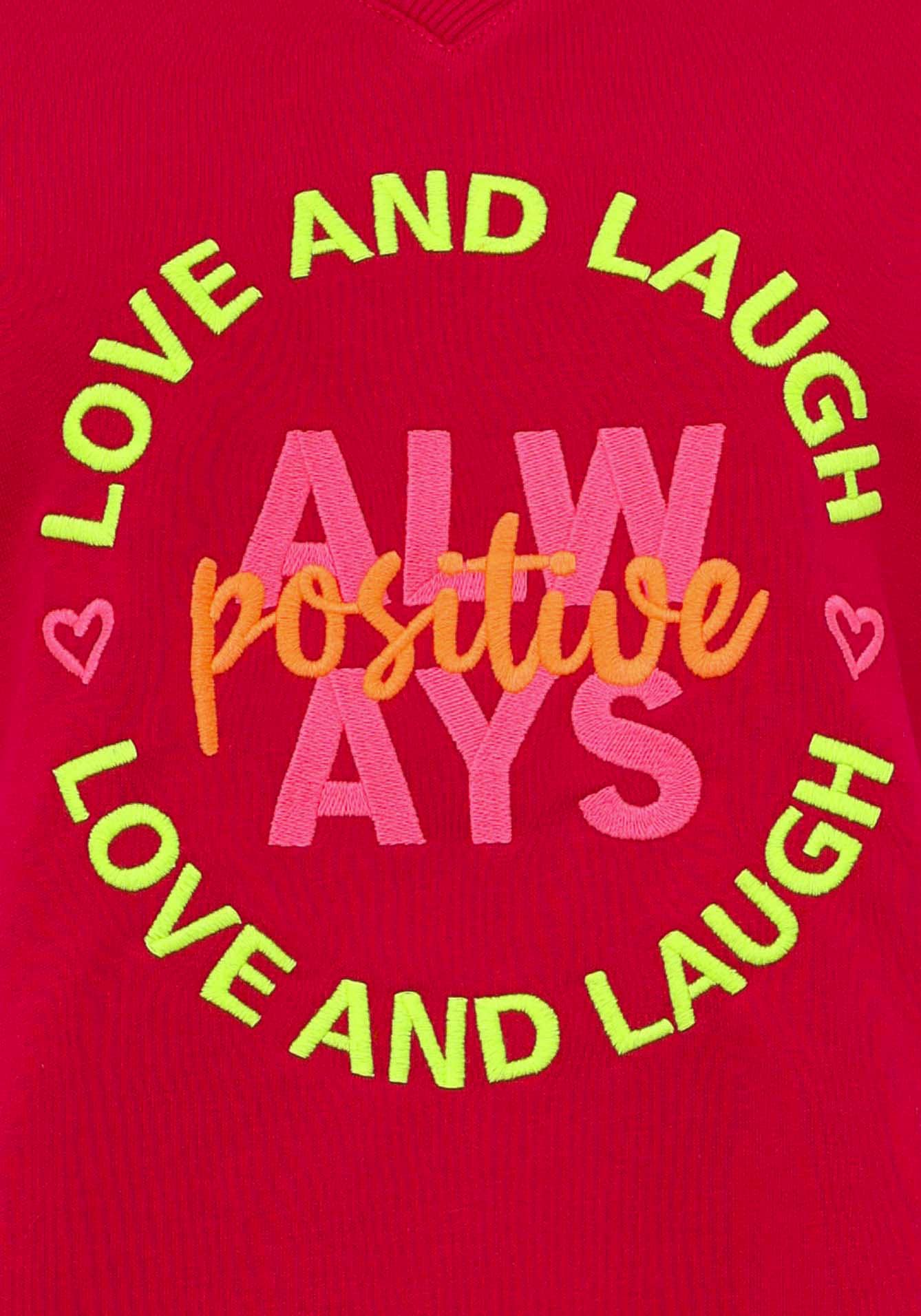 Zwillingsherz Sweatshirt, mit neonfarbener "Always Positive"-Stickerei im Vokuhila Schnitt