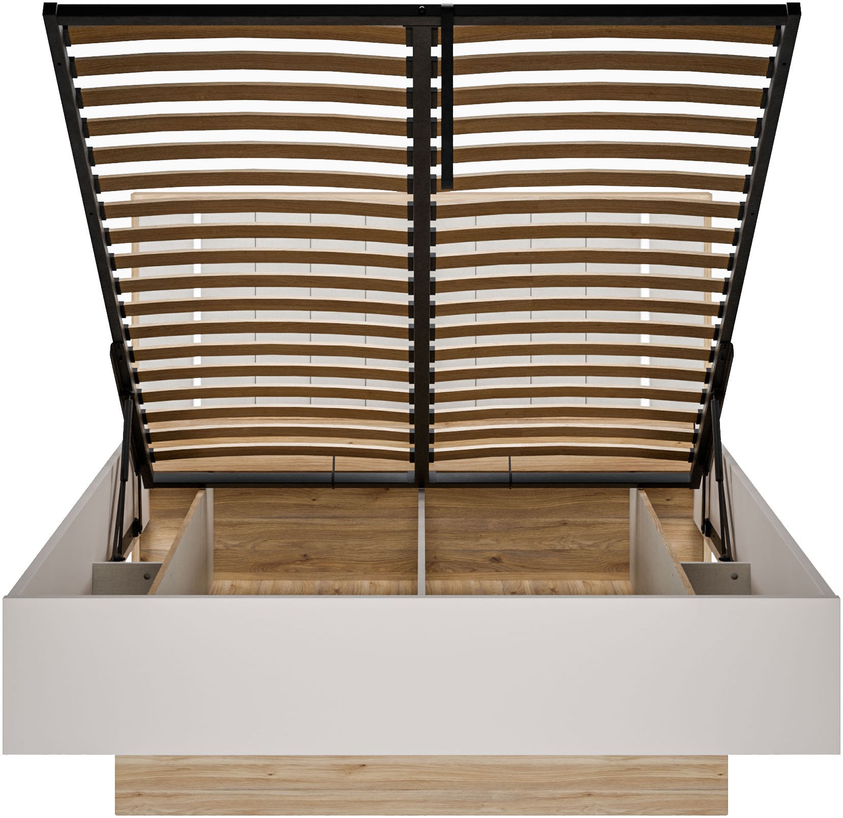 FORTE Bettgestell »Forte Seravel Bettanlage 140 o.160,  Lamellenoptik, warme Holznuancen« inklusive Beleuchtung, aufklappbarer Lattenrost, Stauraum