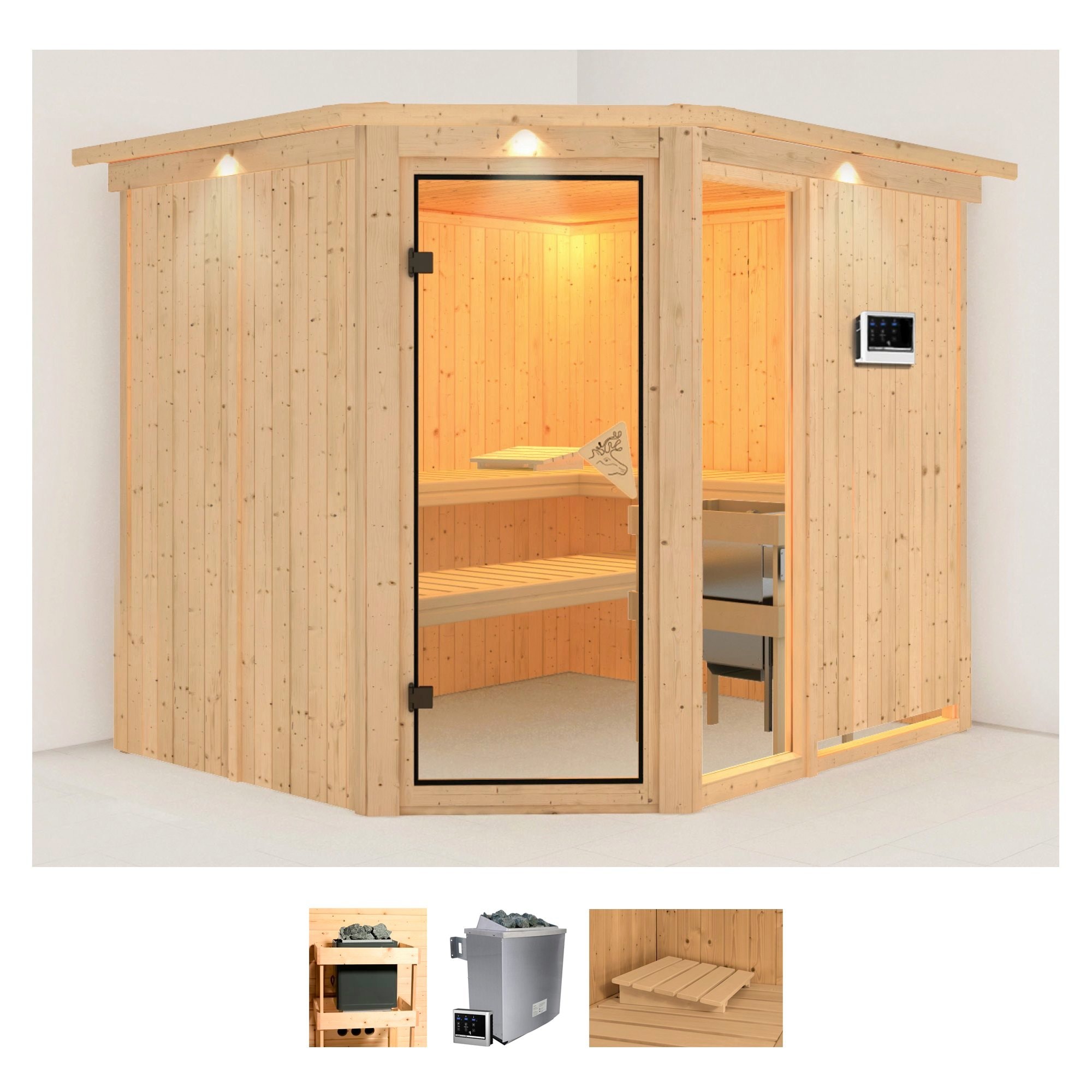 Karibu Sauna "Frigga 3" Set, Ofen 9 KW externe Strg easy