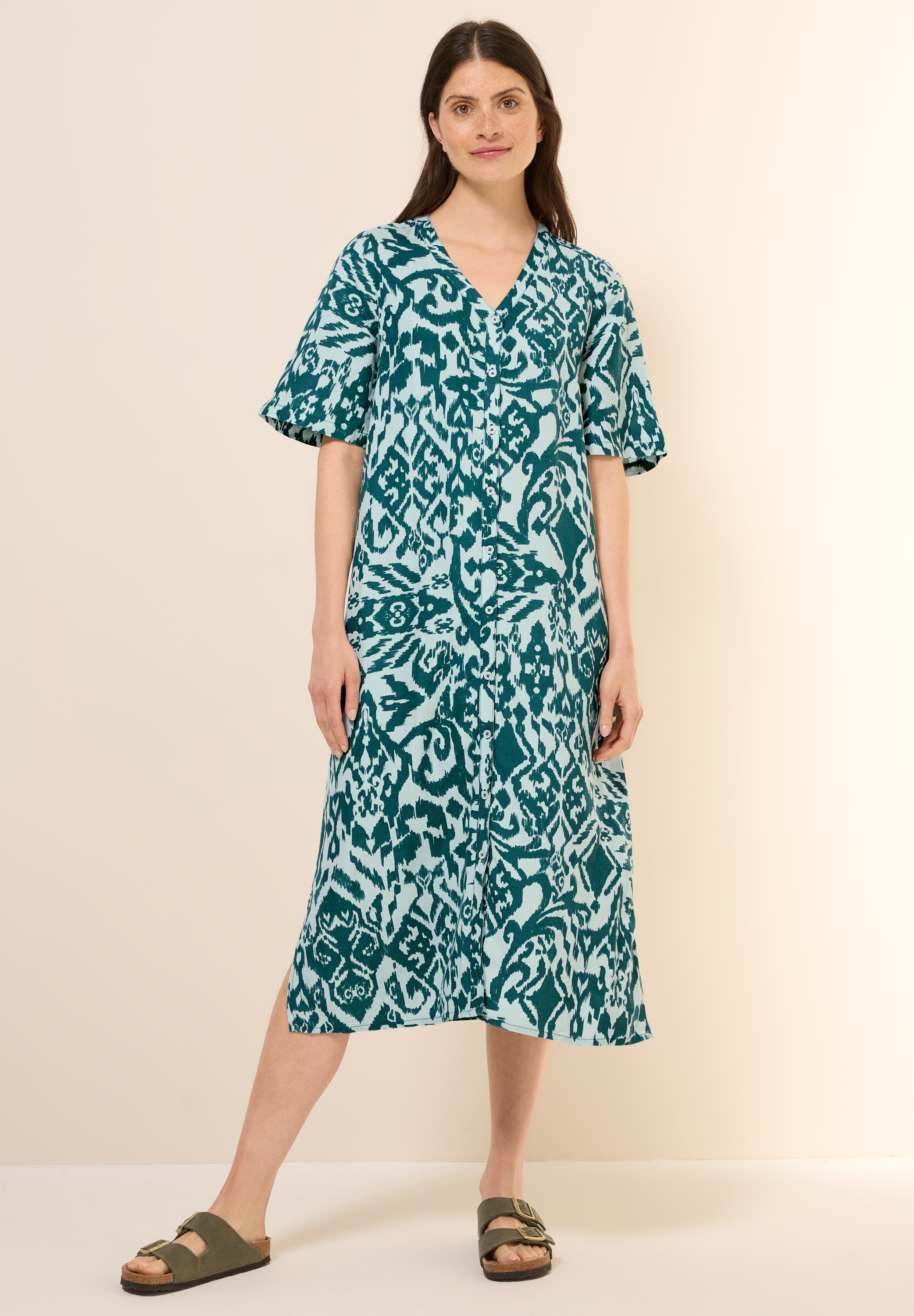 Midikleid CECIL, Damen, Gr. M (40), US-Größen, grün (grün lagoon), Stoff, 55% Leinen, 45% Viskose, gemustert, comfort fit wadenlang, V-Ausschnitt, Bündchen, Kleider Midikleid, mit allover Print