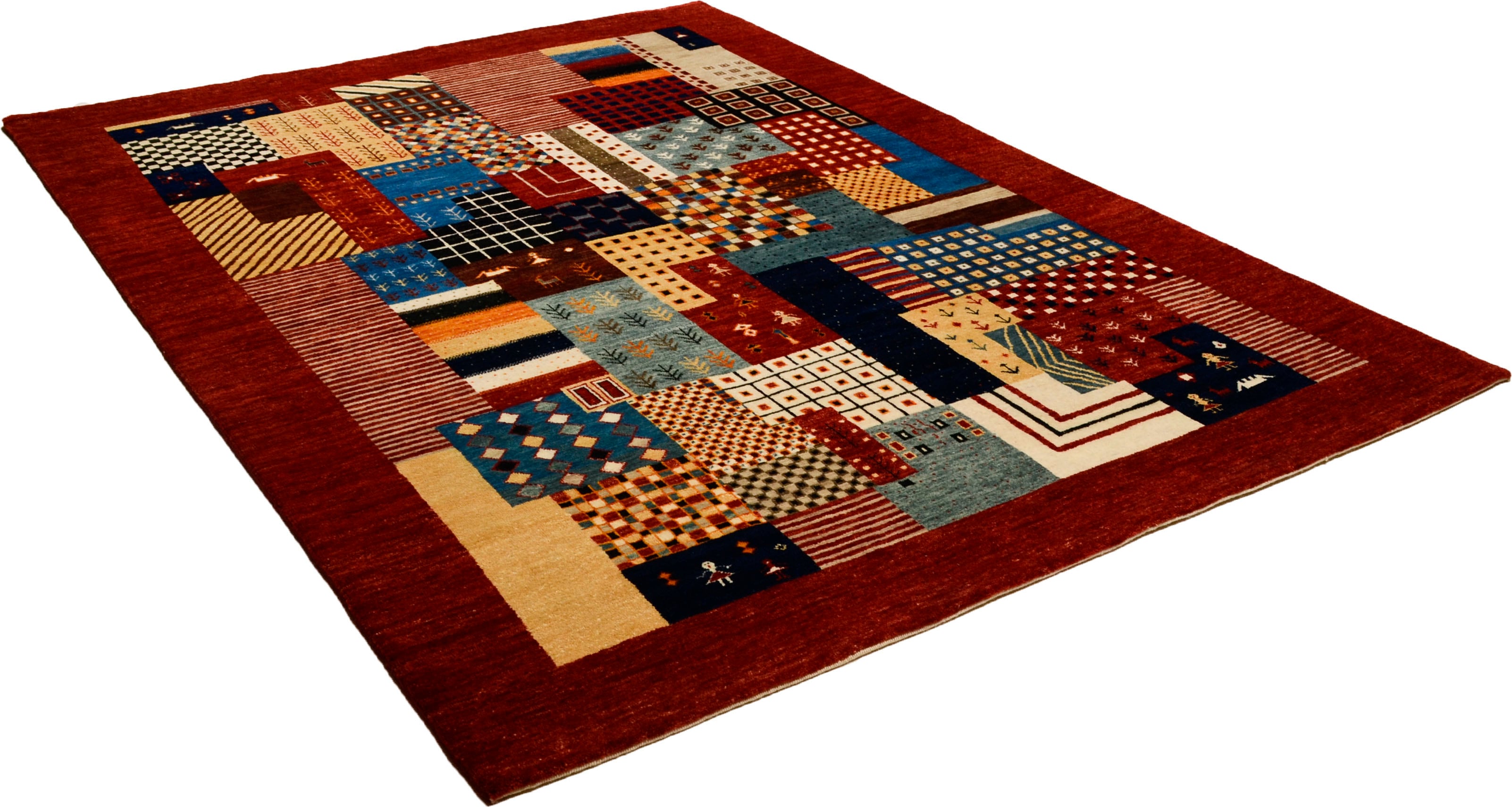 THEKO Wollteppich "Lori Astara 1425, handgeknüpft" rechteckig 16 mm Höhe reine Wolle, Patchwork Design, mit Bordüre, Wohnzimmer & Schlafzimmer