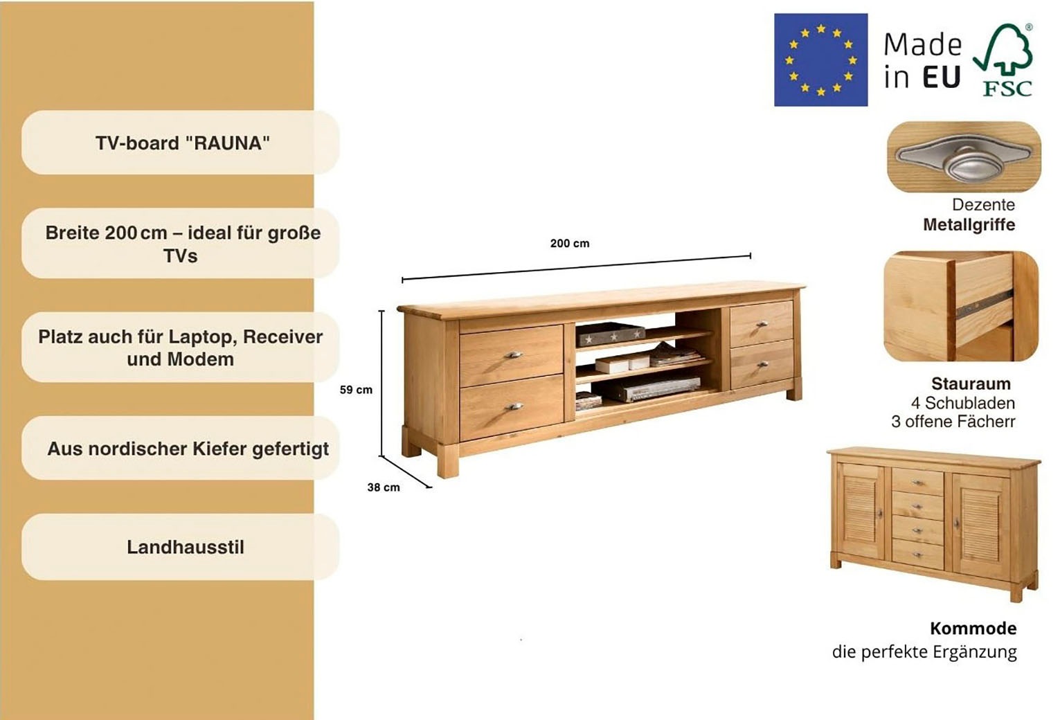 Thumbnail - Home affaire Lowboard "Rauna", Kommode, Breite 200 cm, FSC-zertifiziertes Massivholz