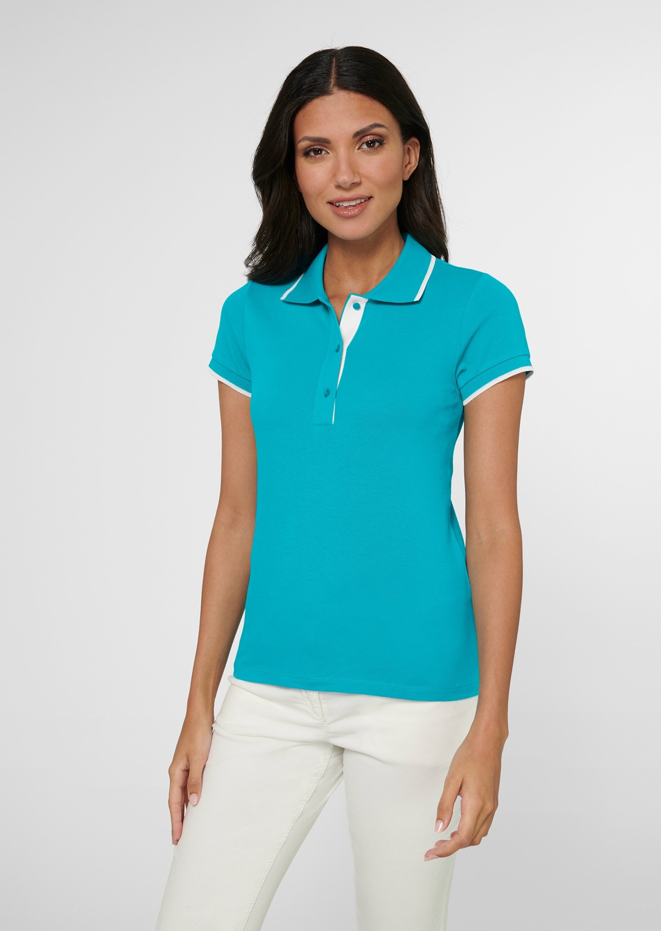 Kurzarmshirt MADELEINE "Poloshirt Klassisches Poloshirt", Damen, Gr. 38, blau (karibikblau), Obermaterial: 97% Baumwolle CO. 3% Elasthan EL., Modern, normal, Shirts 2