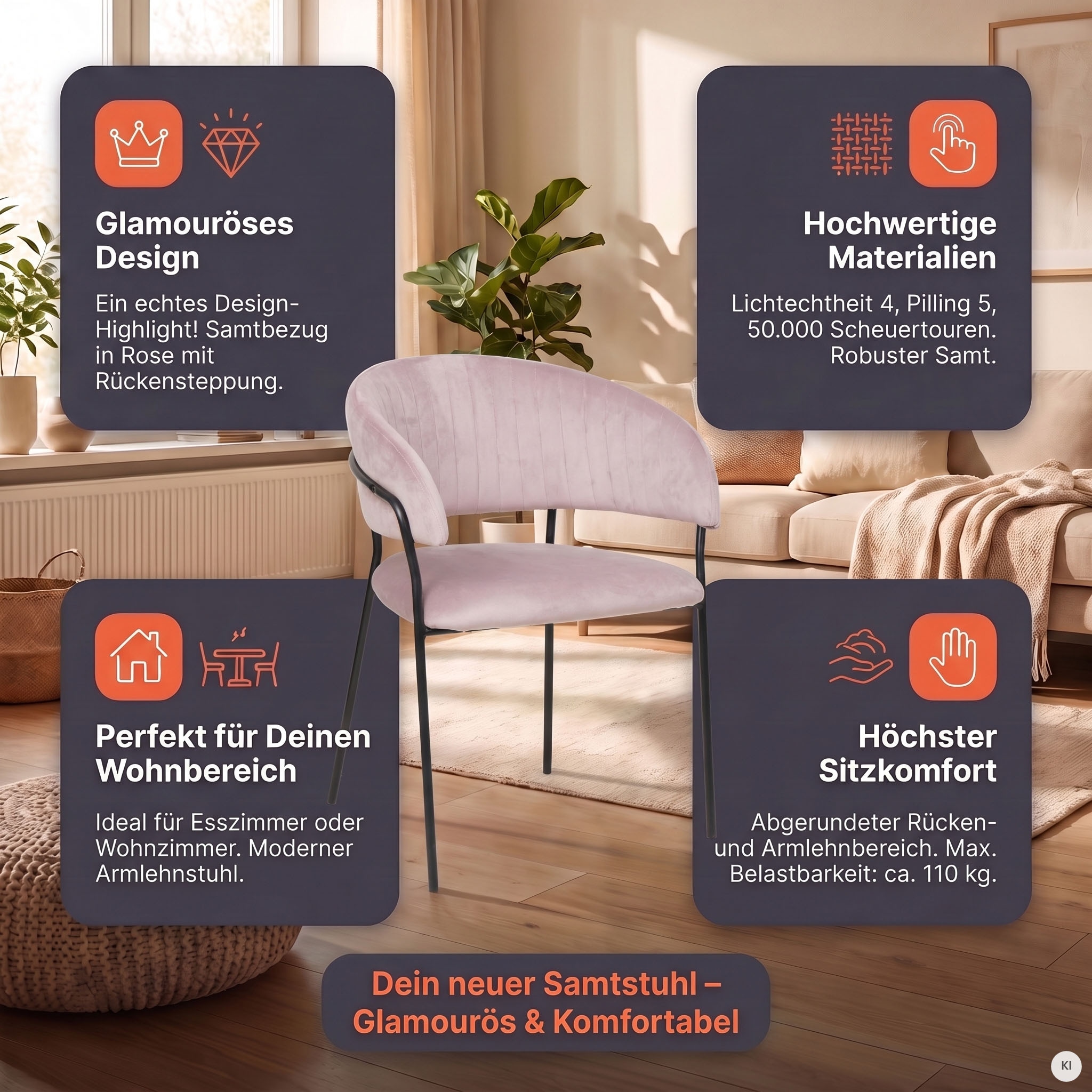 SalesFever Esszimmerstuhl »Idro Komfortabler Polsterstuhl« () 1 Stk.Abgerundeter Rücken mit Längsstepppung