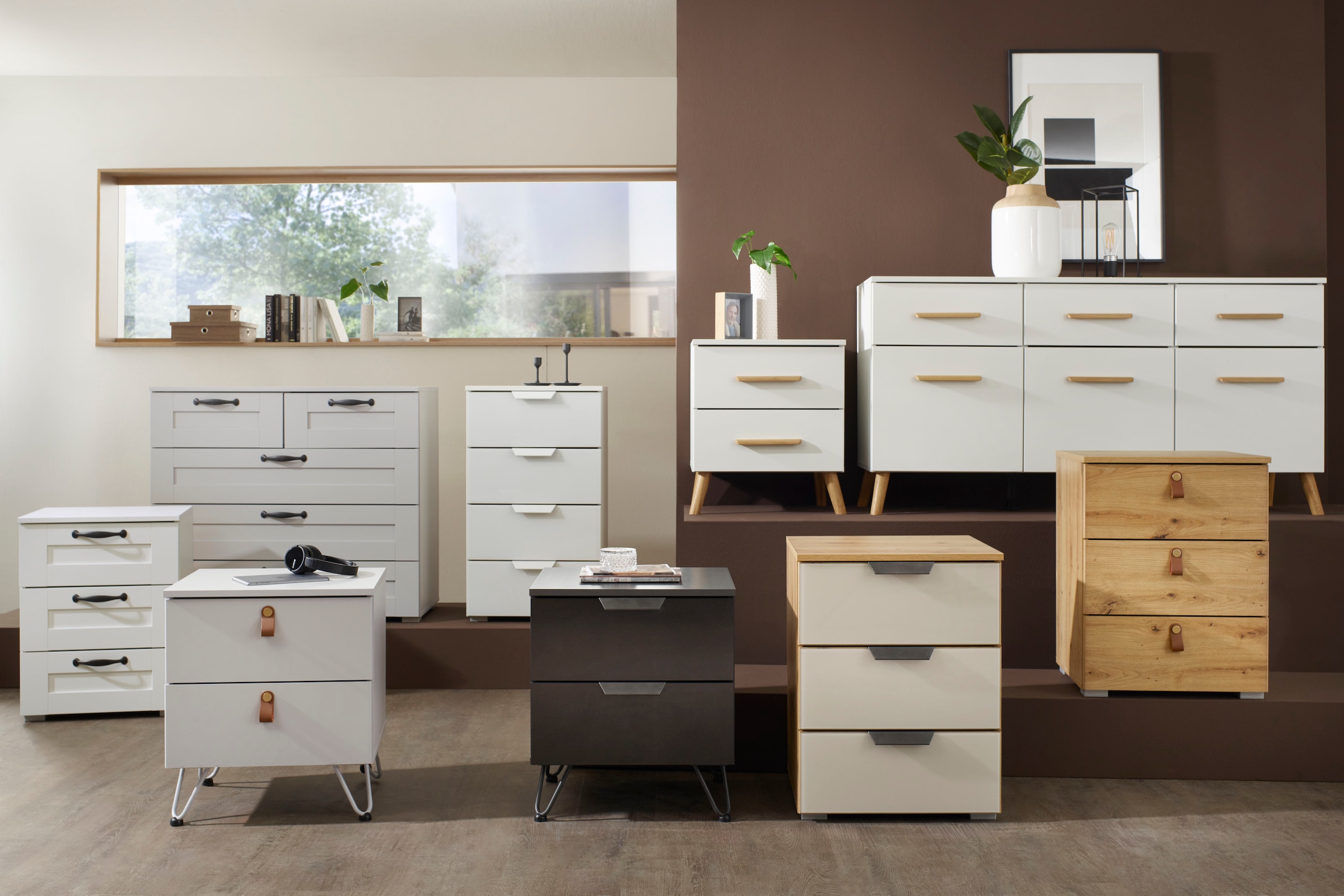 rauch Nachtkommode »Homey by Aditio«, mit Grifflaschen in Leder, 3 Schubladen mit Softclose-Funktion