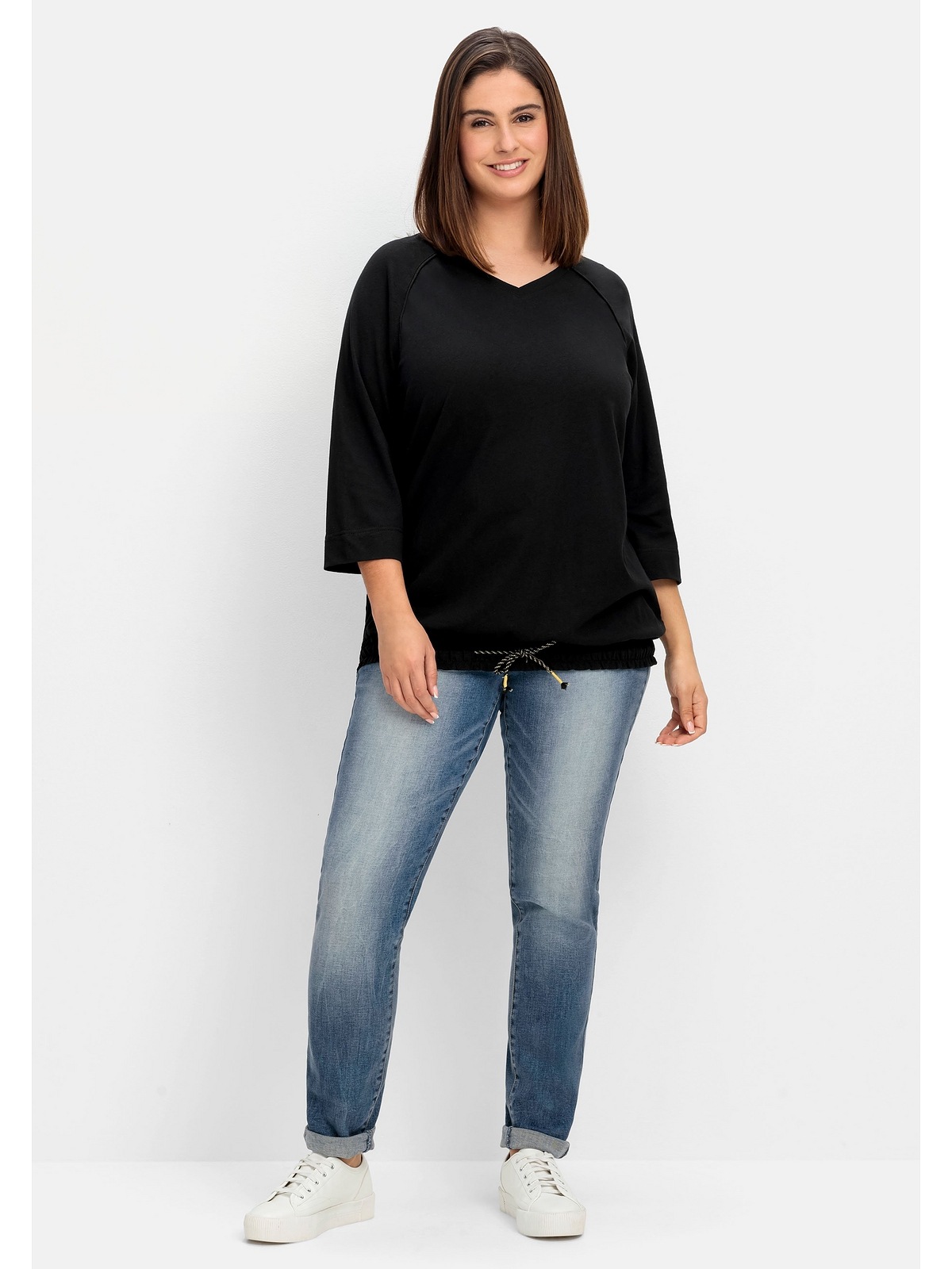 Sheego T-Shirt »Große Größen«, aus Leinen-Mix, mit gesmoktem Saumbund