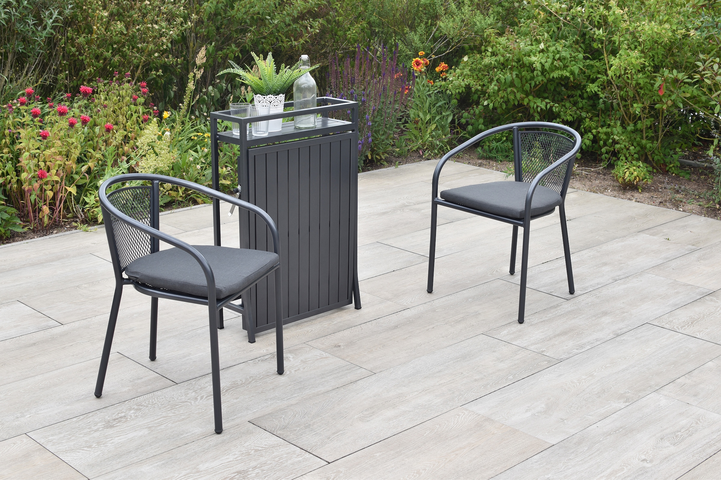 MERXX Balkonset »Delos« Set, 5 tlg. inkl. 2 Bistrosessel, 2 Auflagen, 1 Balkonklappentisch