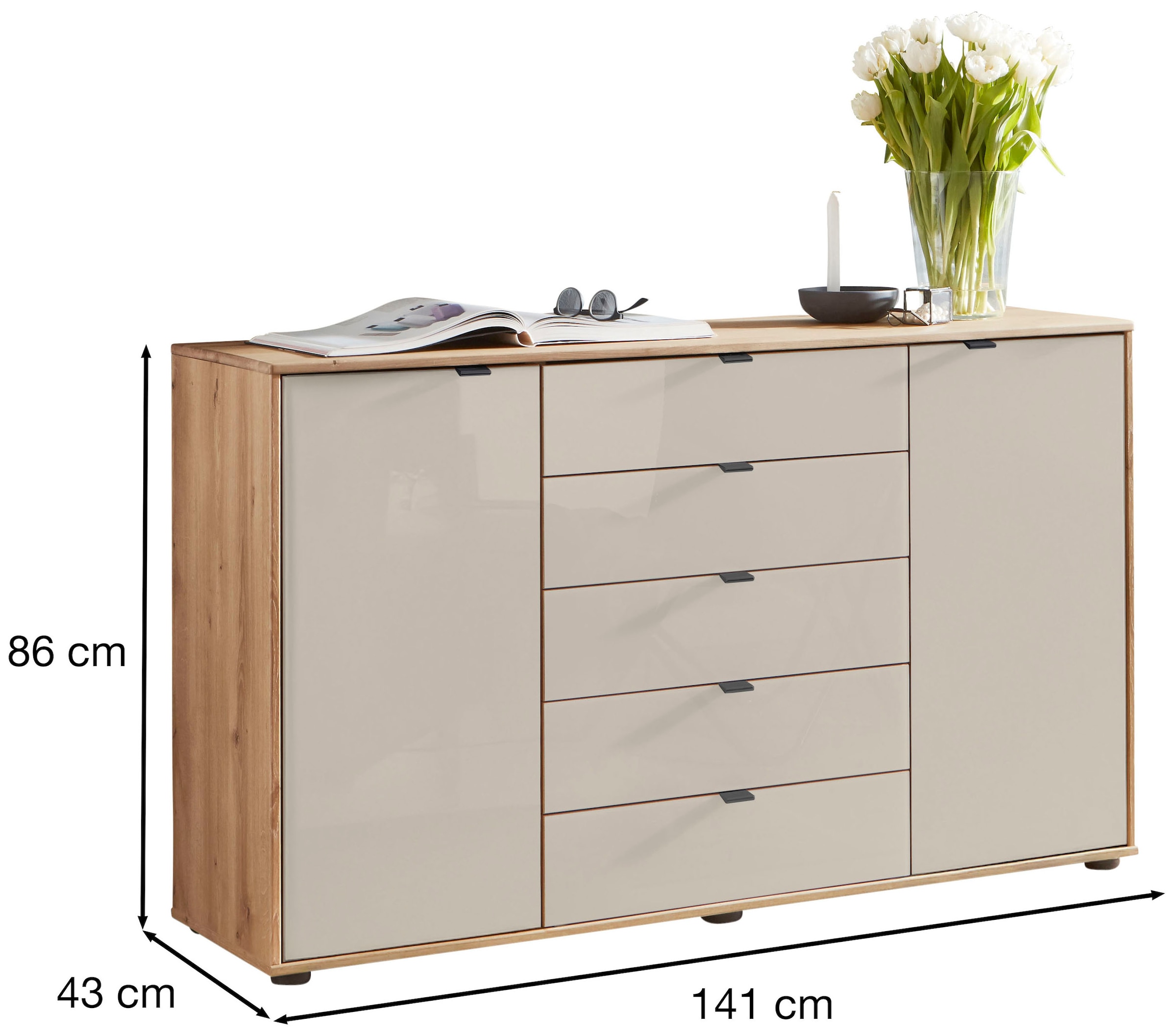 WIEMANN Kombikommode »Cardiff Sideboard, Wäscheschrank, teilmassiv Bianco-Eiche, Schubladen«, (Kommode 141x86x43 cm, braun, mit Dämpfung, MADE IN GERMANY), verschiedenen Ausführungen, inklusive Einlegeböden