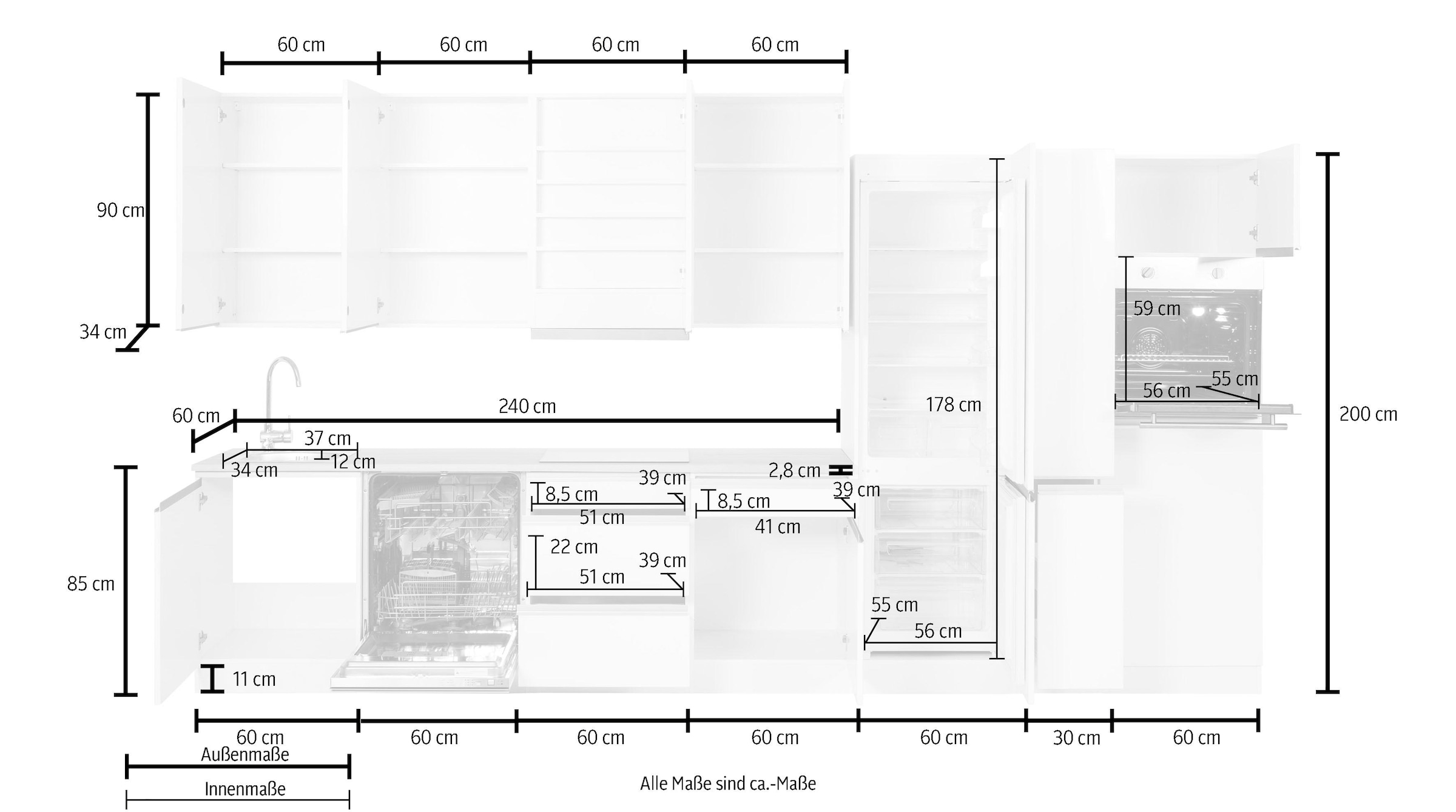 HELD MÖBEL Küchenzeile »Ohio«, mit E-Geräten, Breite 390 cm