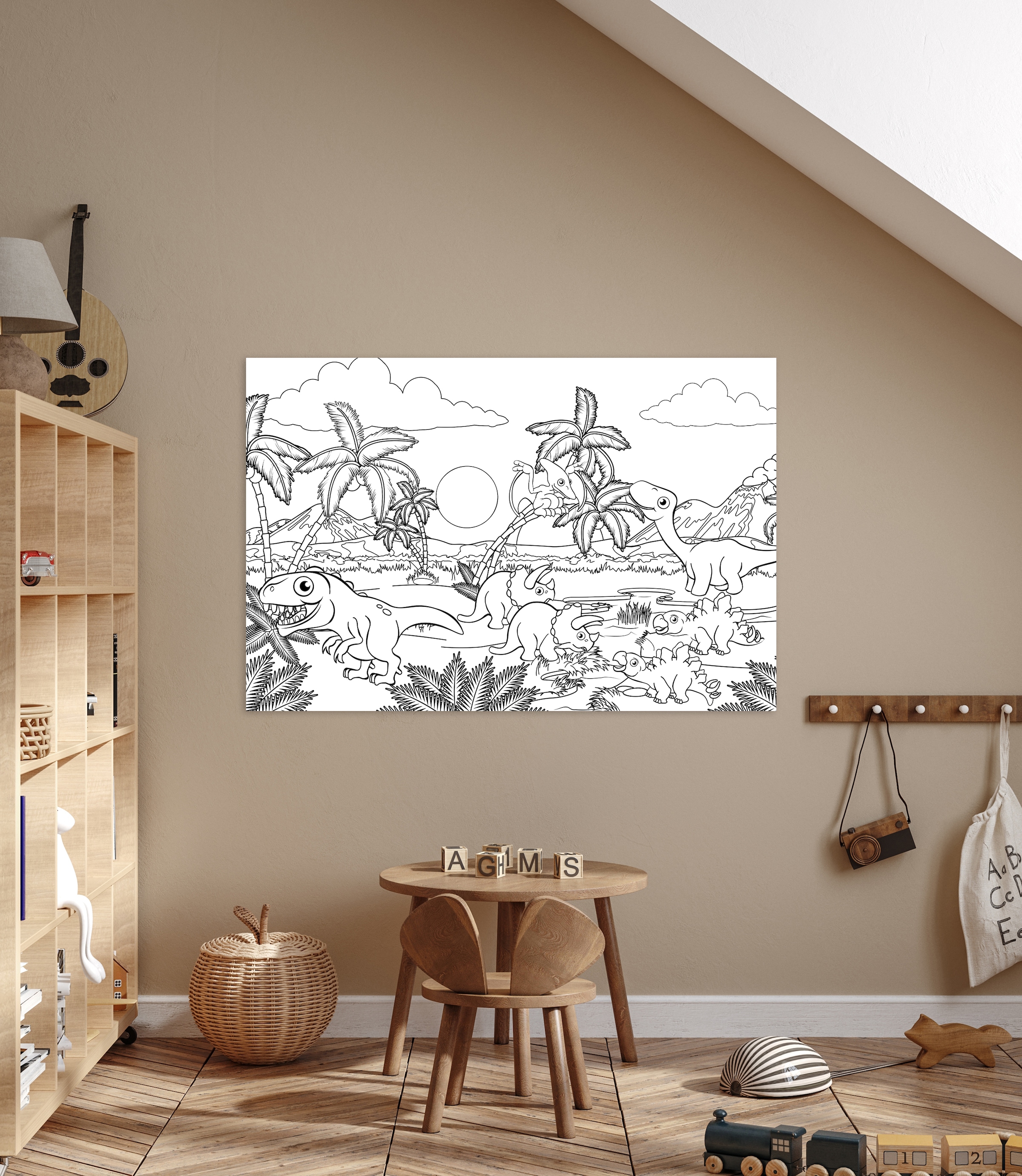 queence Bild »Dinosaurier und Palmen«, Baum-Baumbilder-Bäume-Blätter-Dinosaurier-Figuren-klassische Fantasie-Mädchen-Märchenbilder, (1 St.), DIY Wandbild aus Dibond