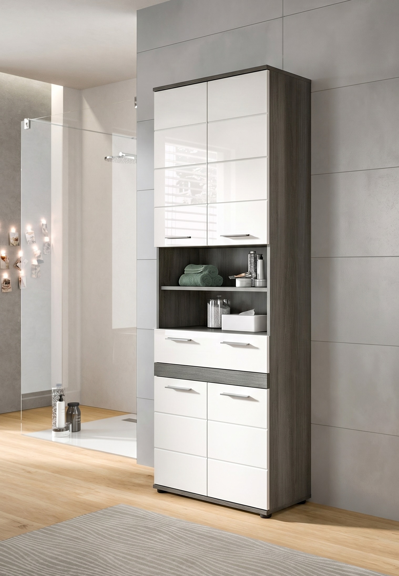 welltime Hochschrank »LUCCA, Breite 70cm, 4 Türen, 1 Schubkasten, 7 Fächer« Badschrank, Badmöbel, Badezimmer, Universalschrank, Mehrzweckschrank