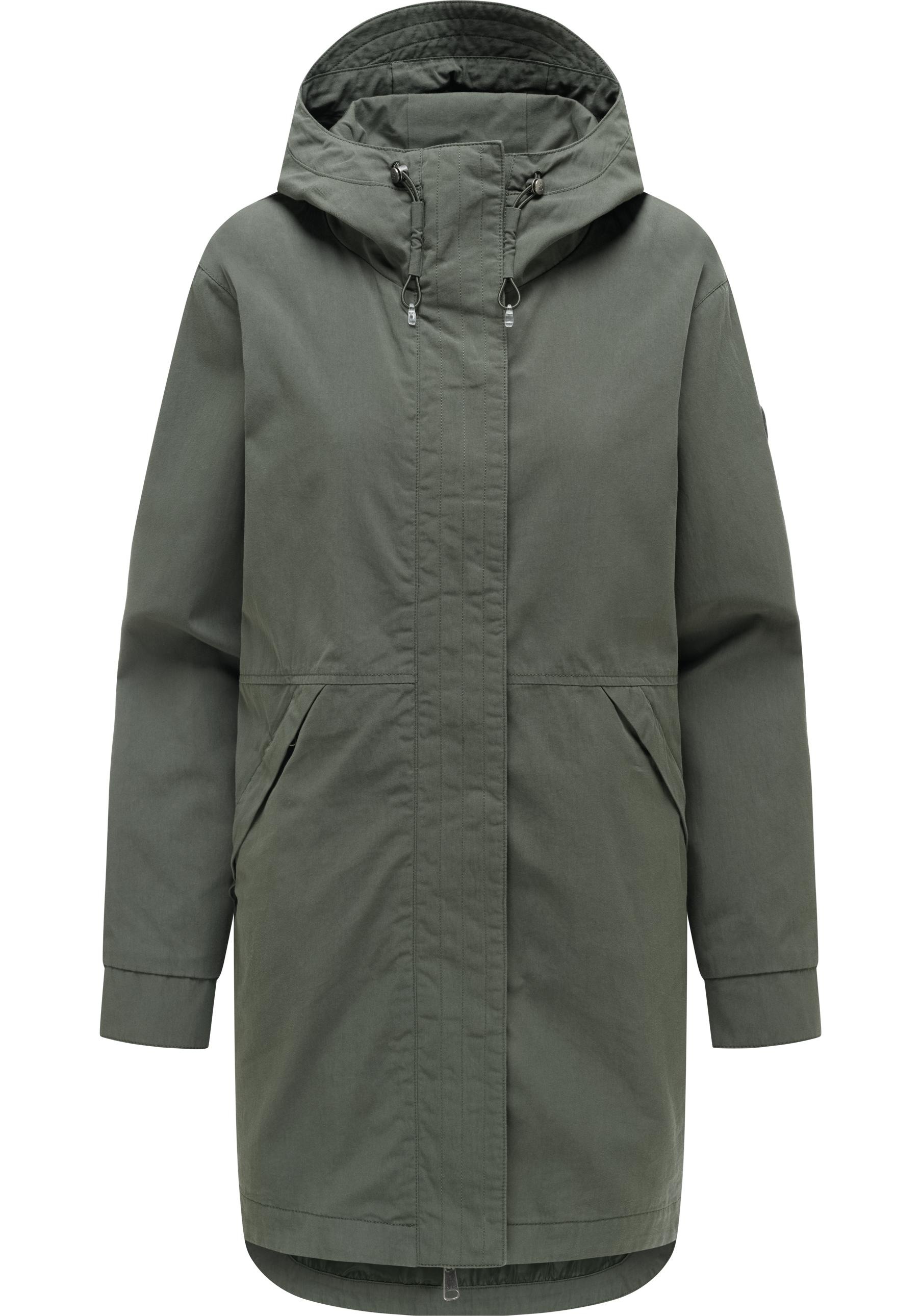 Kurzmantel RAGWEAR "Lamyja B", Damen, Gr. S (36), schwarz olive, Obermaterial: 68% Baumwolle, 32% Nylon; Innenfutter: 100% Polyester, oversize ca. Mitte Oberschenkel, hoch geschlossener Ausschnitt, verstellbar ohne Bündchen mit verstellbarem Klettverschlu