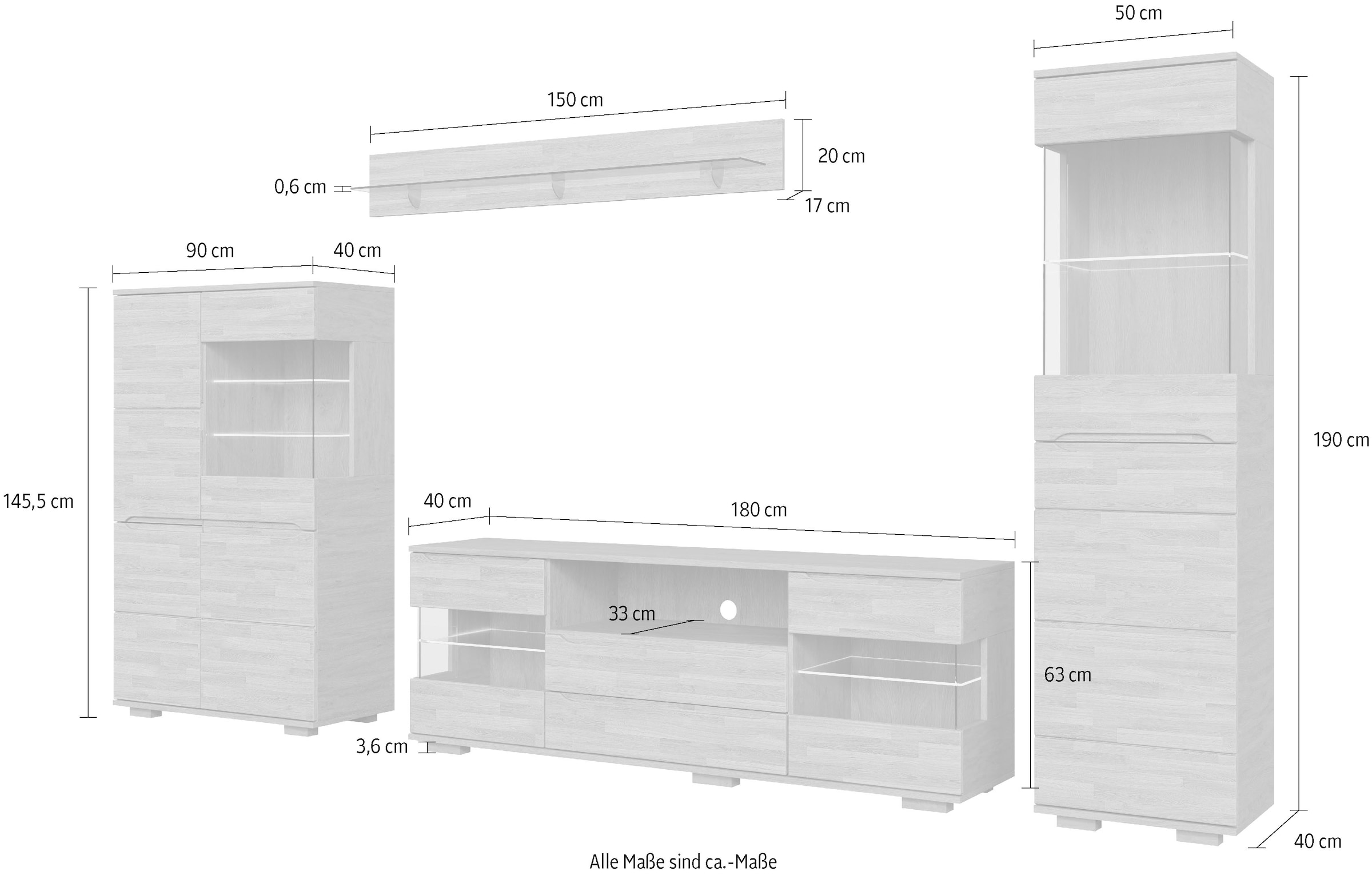 OTTO home Wohnwand »VETRO: besteht aus 2 Vitrinen, 1 Sideboard & 1 Wandregal, Wohnzimmer.« 4 Stk. tlg.
