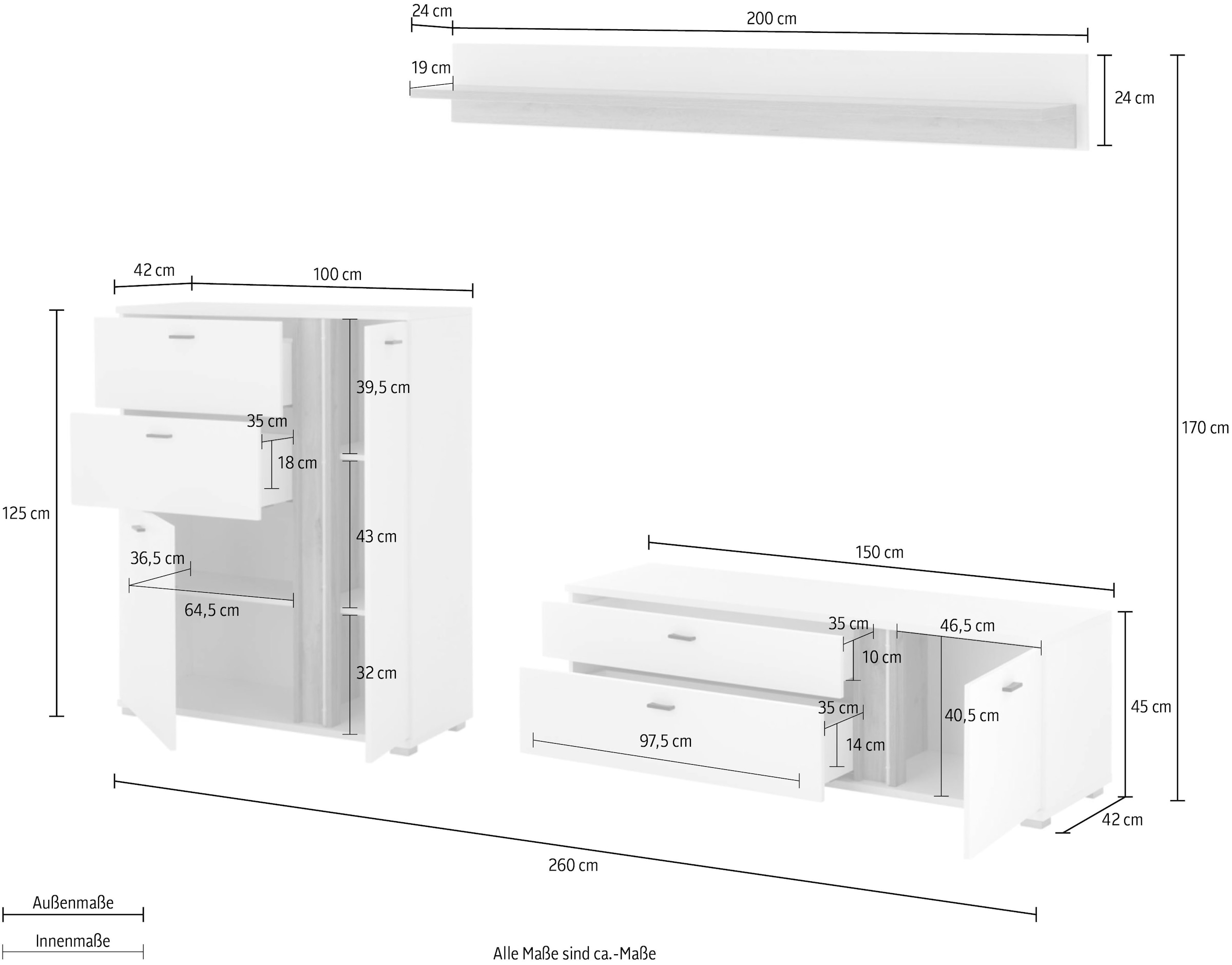 INOSIGN Wohnwand »LONG ISLAND«, (Set, 3 St.), in moderner Trendfarbe,inklusive senkrechter Beleuchtung,Breite 260 cm
