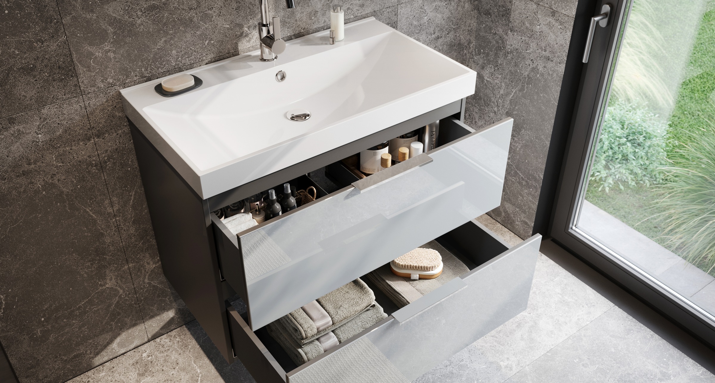 GERMANIA Waschtisch »Bisbee« 1 Stk. tlg. Waschtisch mit Glasfront in verschiedenen Breiten