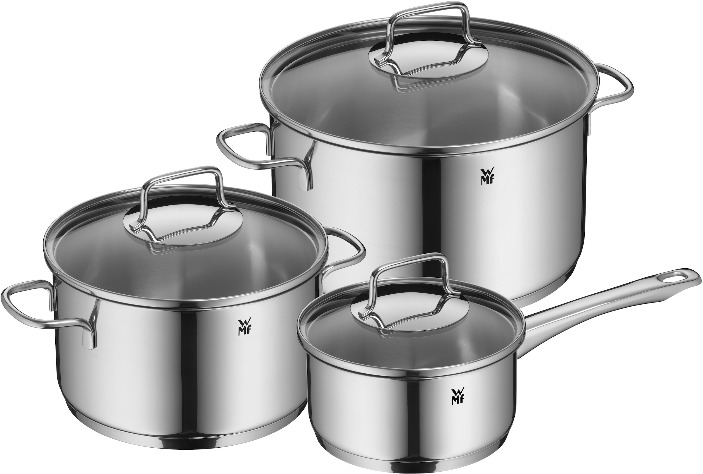 WMF Topf-Set "Astoria, Kochtopf Set Induktion mit Glasdeckel, breiter Schüttrand" Set, 6 Stk. tlg. Cromargan Edelstahl Rostfrei 18/10